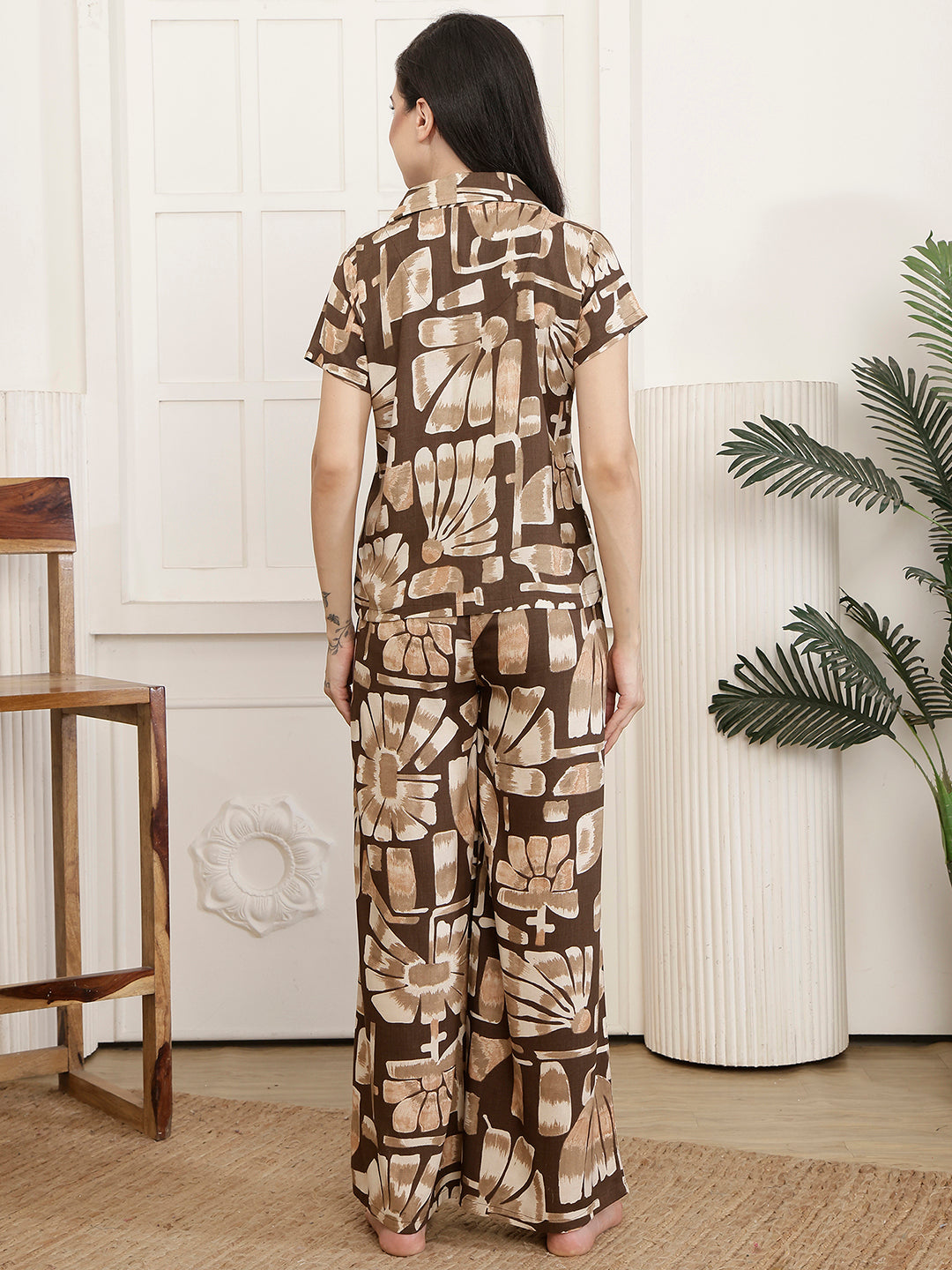 Brown Floral Printed Lapel Collar Rayon Night Suit Set | Claura