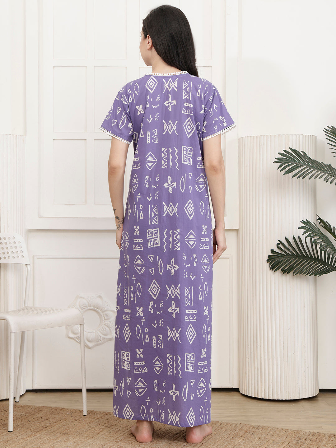 Purple Geometric Printed Cotton Maxi Nightdress | Claura