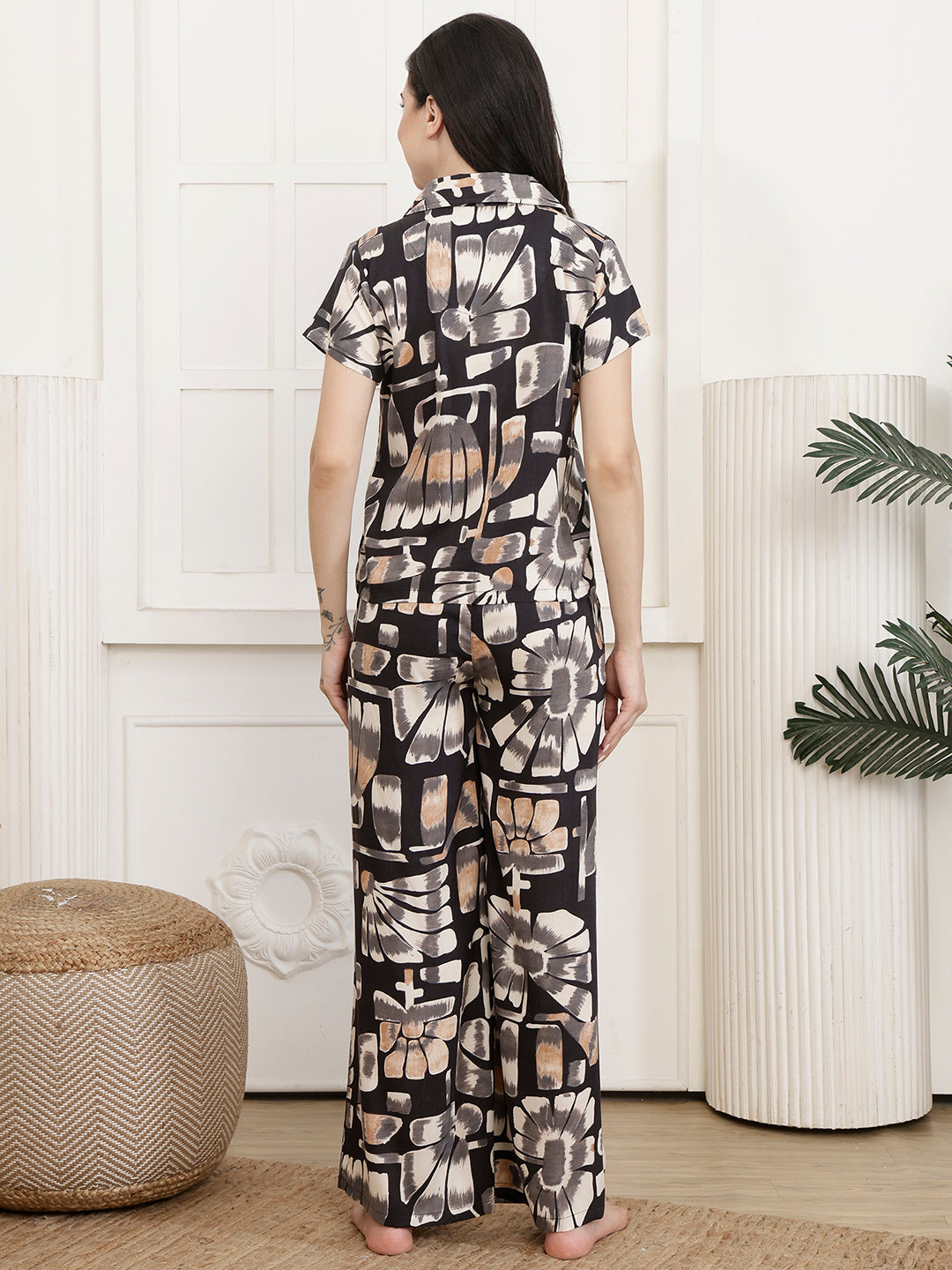 Grey Floral Printed Rayon Night Suit Set For Women | Claura