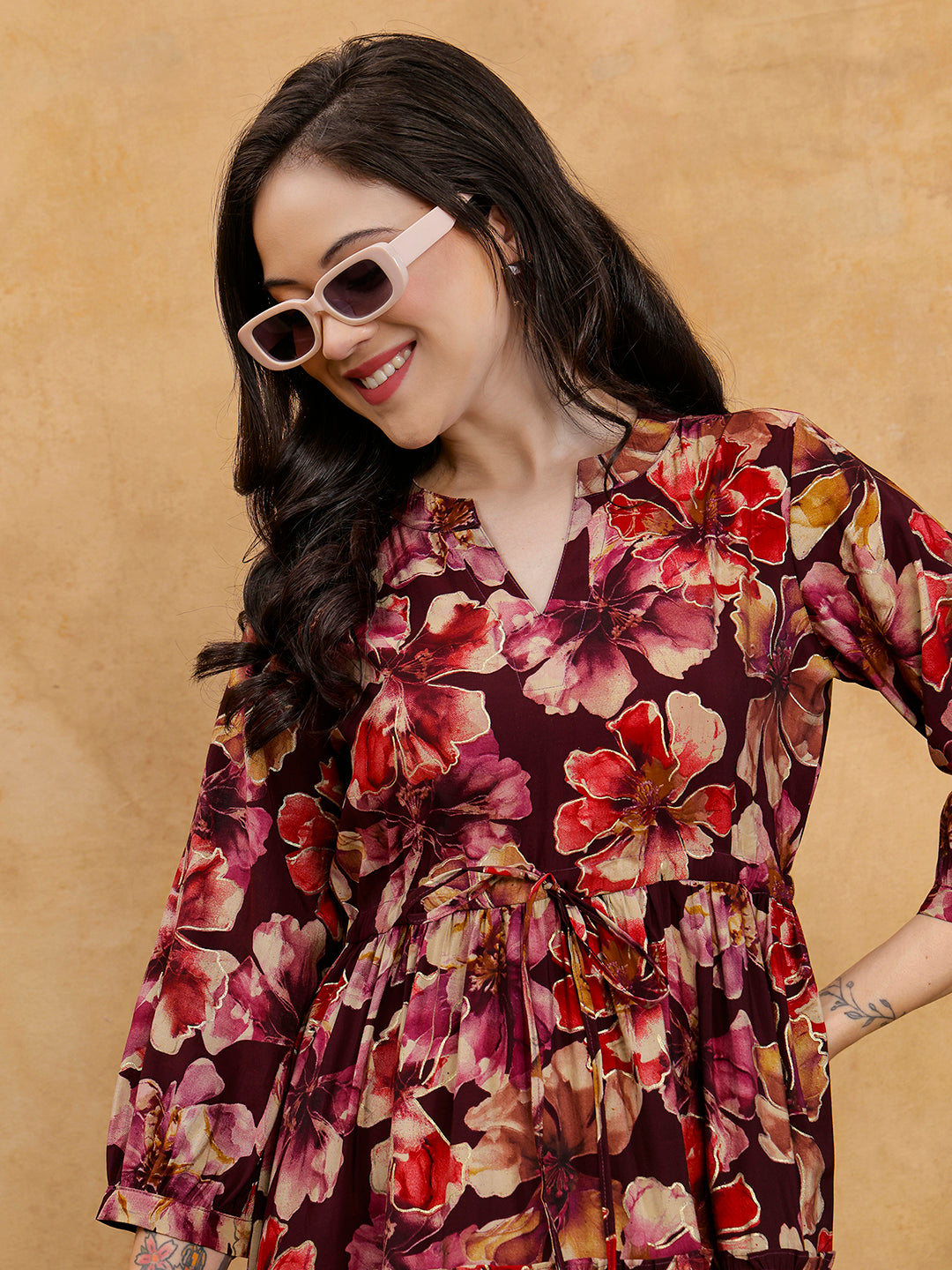 Maroon Floral Print V-Neck Gathered A-Line Maxi Dress | Claura