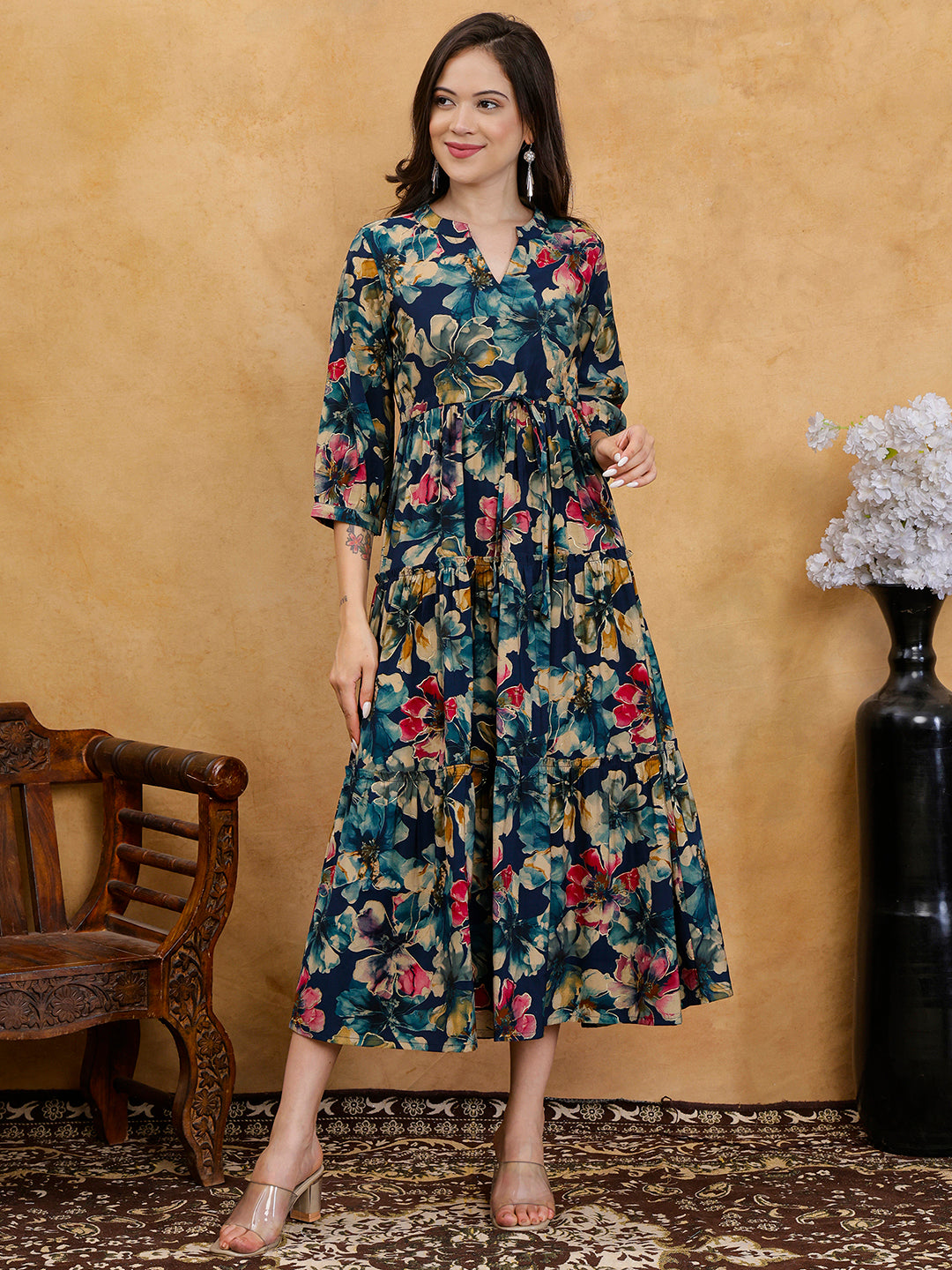 Blue Floral Print V-Neck Gathered A-Line Maxi Dress | Claura