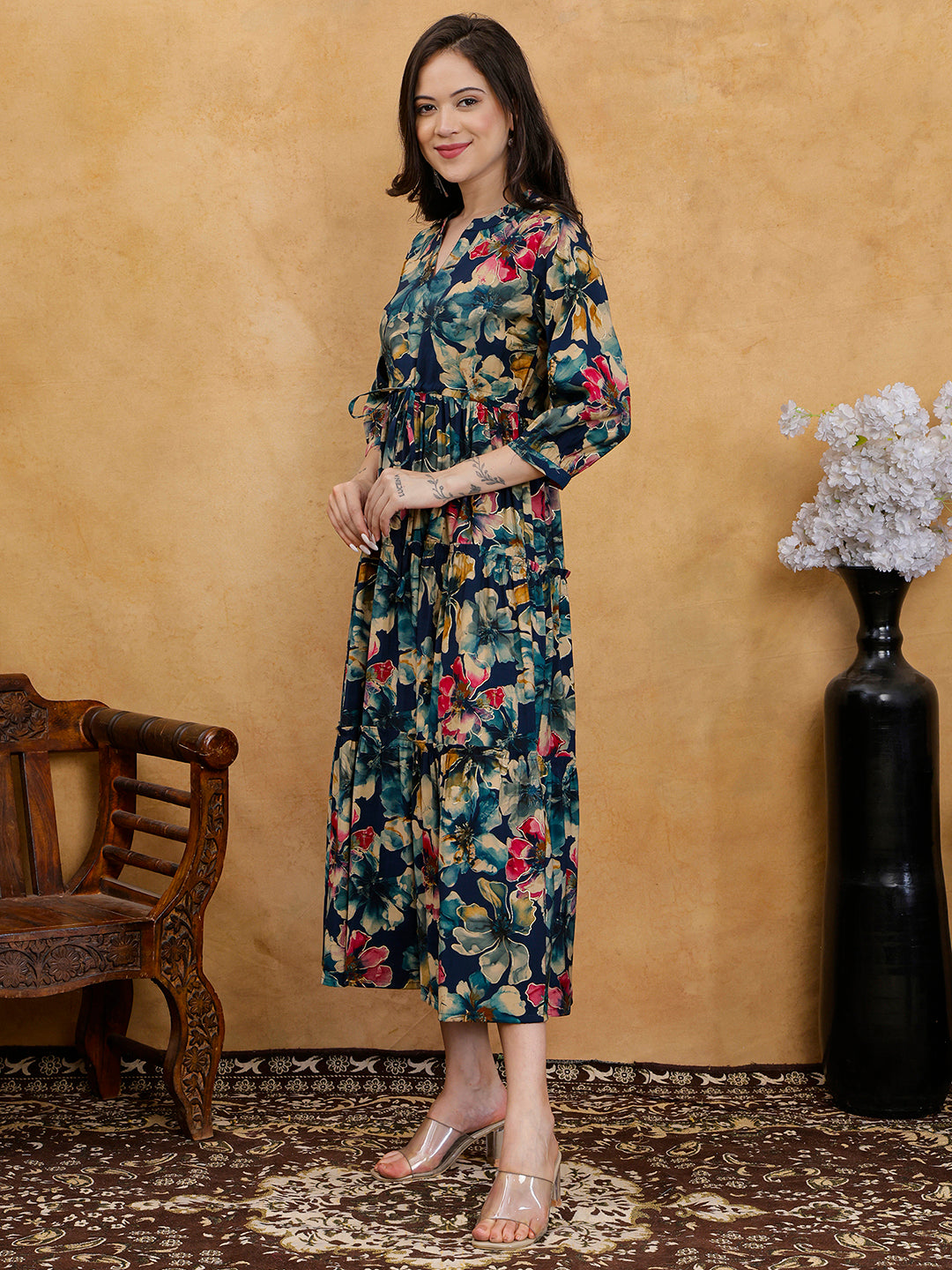 Blue Floral Print V-Neck Gathered A-Line Maxi Dress | Claura