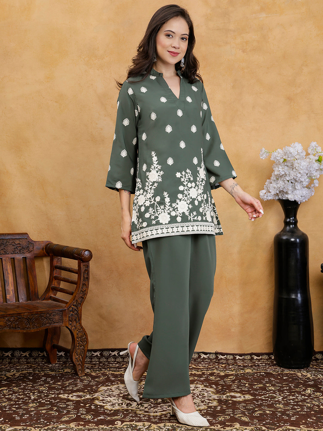 Green Embroidered Mandarin Collar Tunic with Palazzos Co-Ord Set
