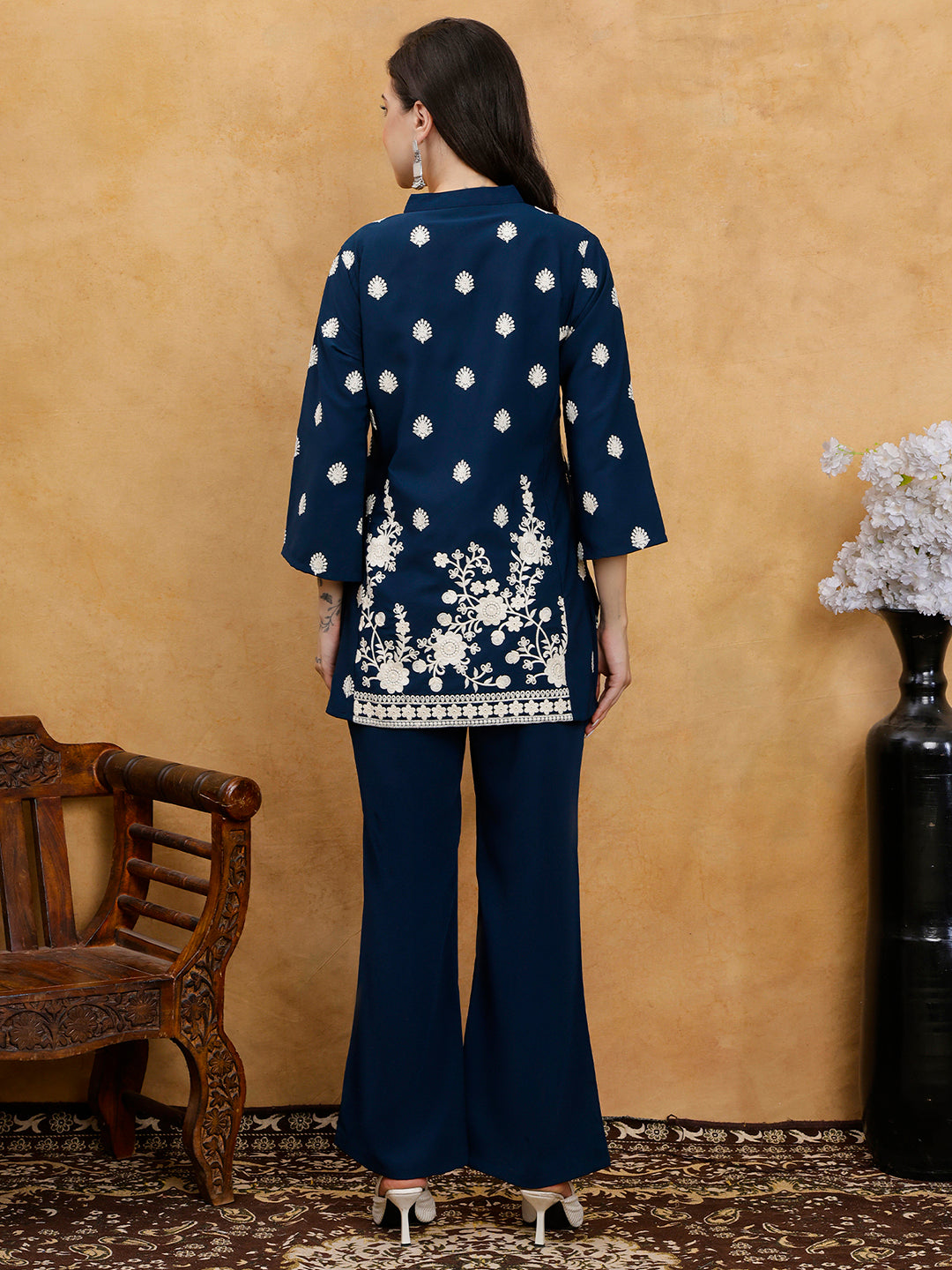 Navy Blue Embroidered Mandarin Collar Tunic with Palazzos Co-Ord Set