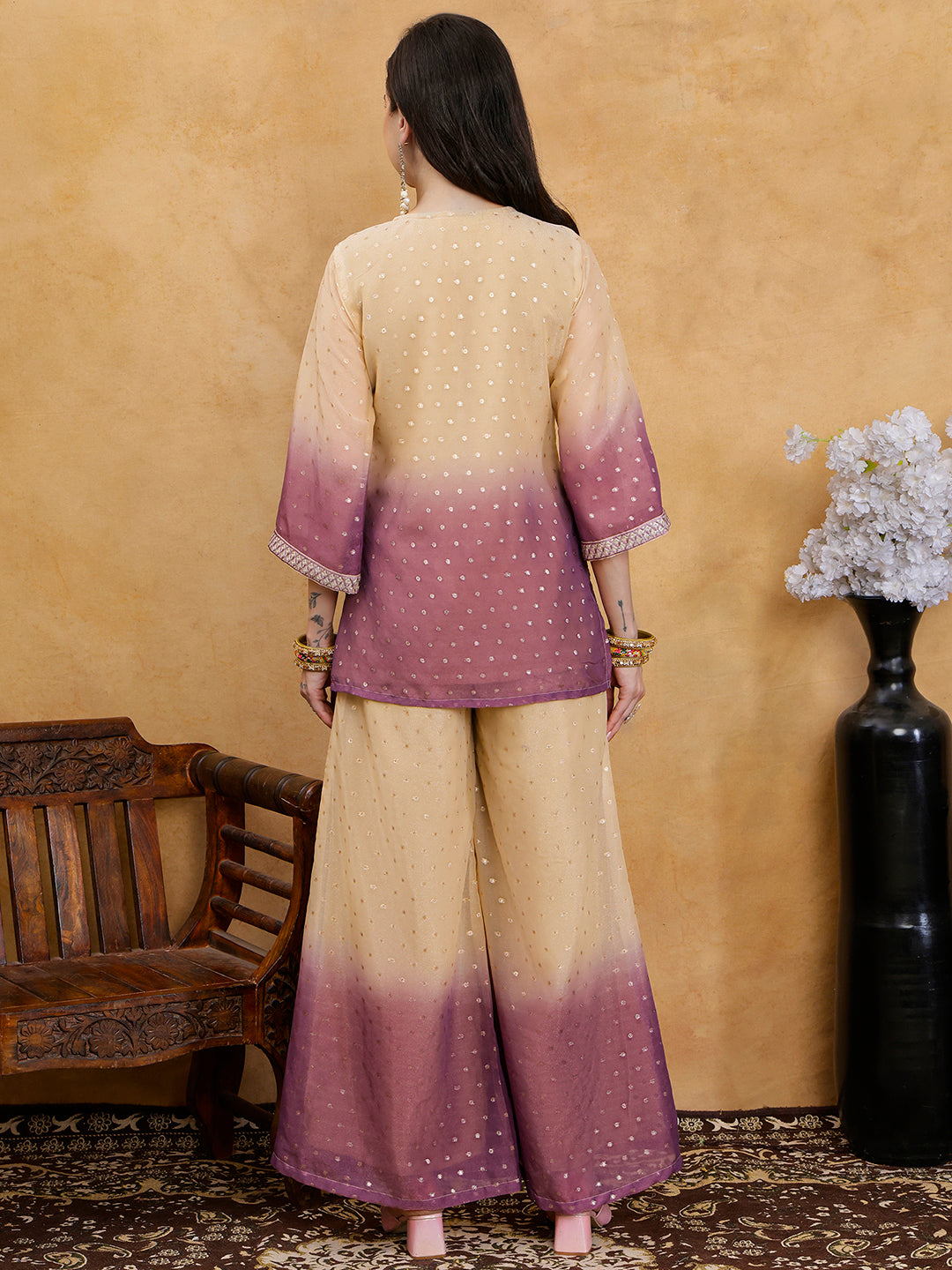 Purple & Cream Ombre Floral Embroidered V-Neck Tunic with Palazzos Co-Ord Set