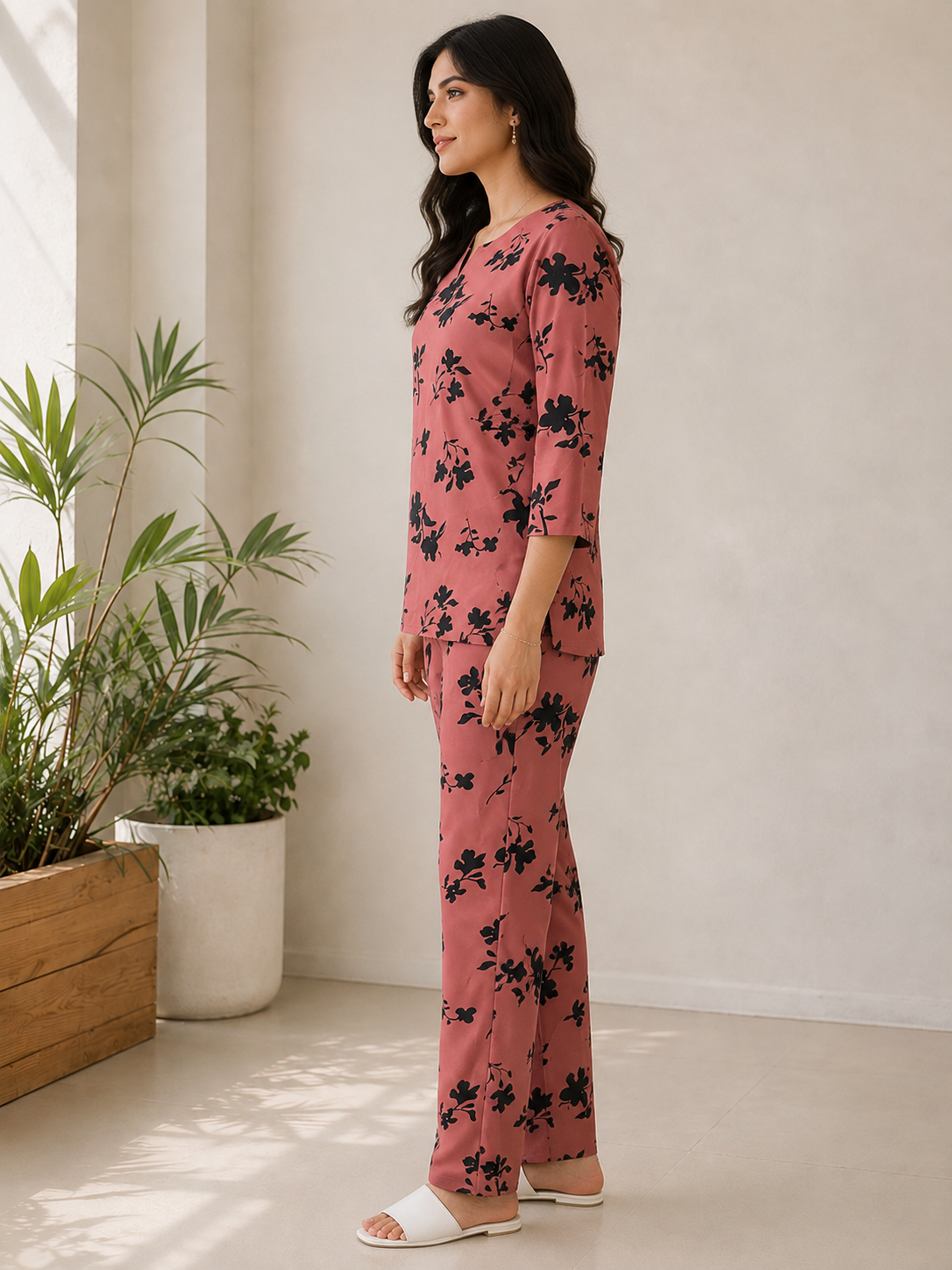 Rust Bloom Floral Print Rayon Night Suit Set For Women | Claura
