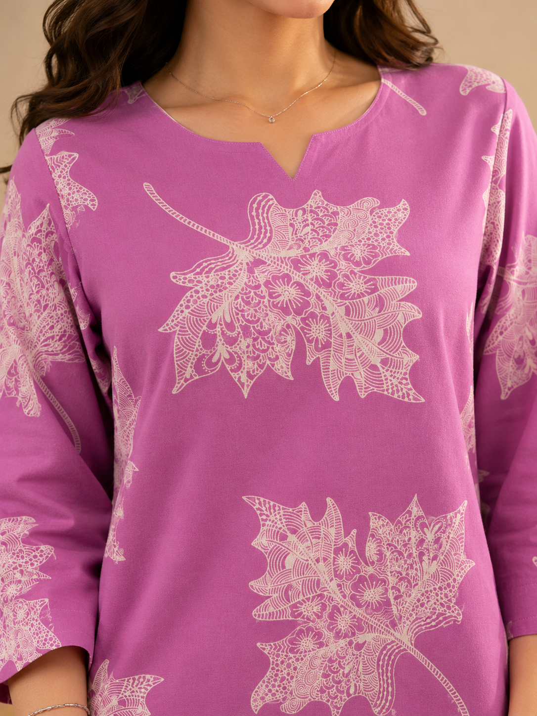 Pink Floral Printed Pure Rayon V-Neck Night Suit for Women | Claura