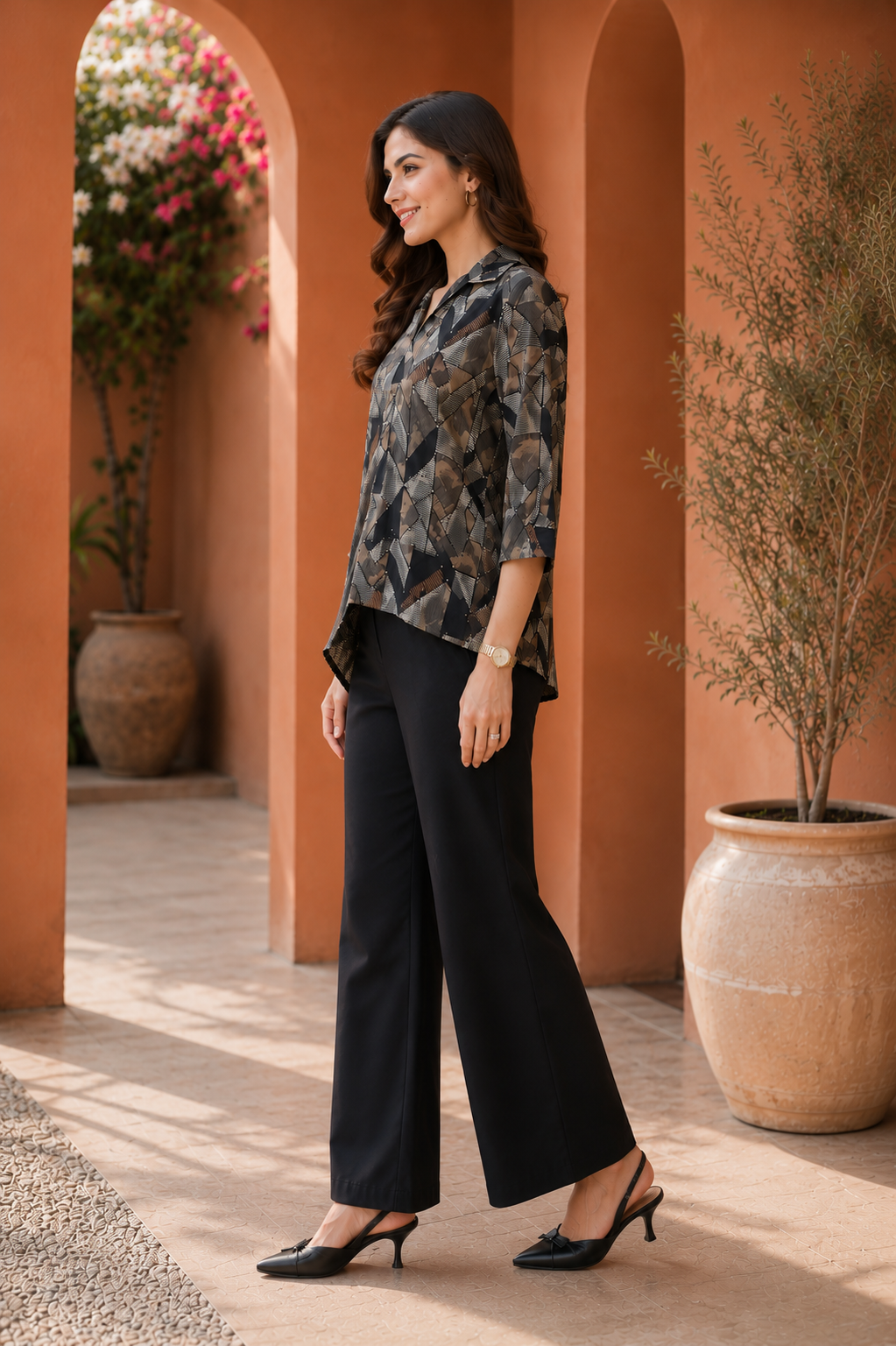 Black Abstract Chanderi Silk Shirt Collar Co-Ord Set Women