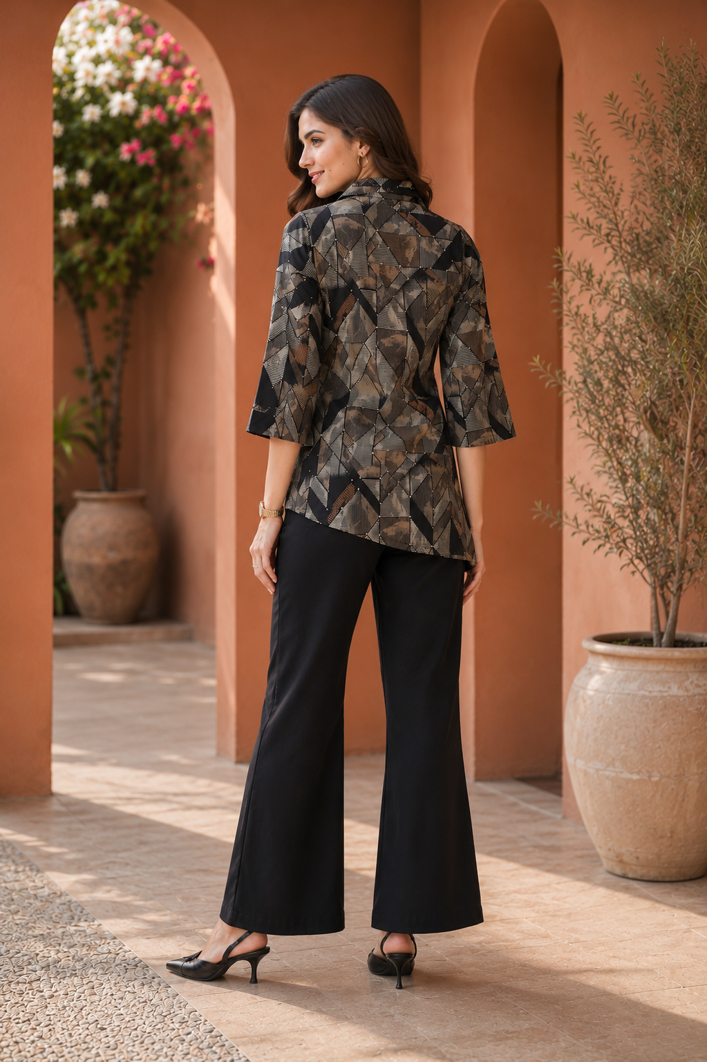 Black Abstract Chanderi Silk Shirt Collar Co-Ord Set Women