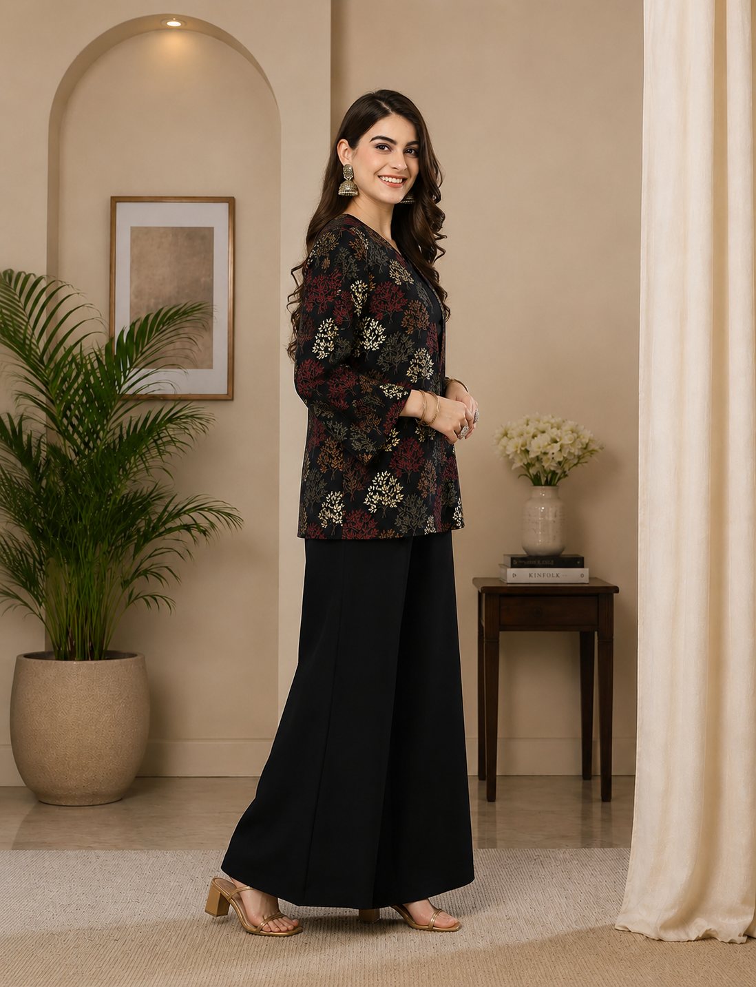 Black Ethnic Printed 3-Piece Viscose Rayon Co-Ord Set for Women | Claura