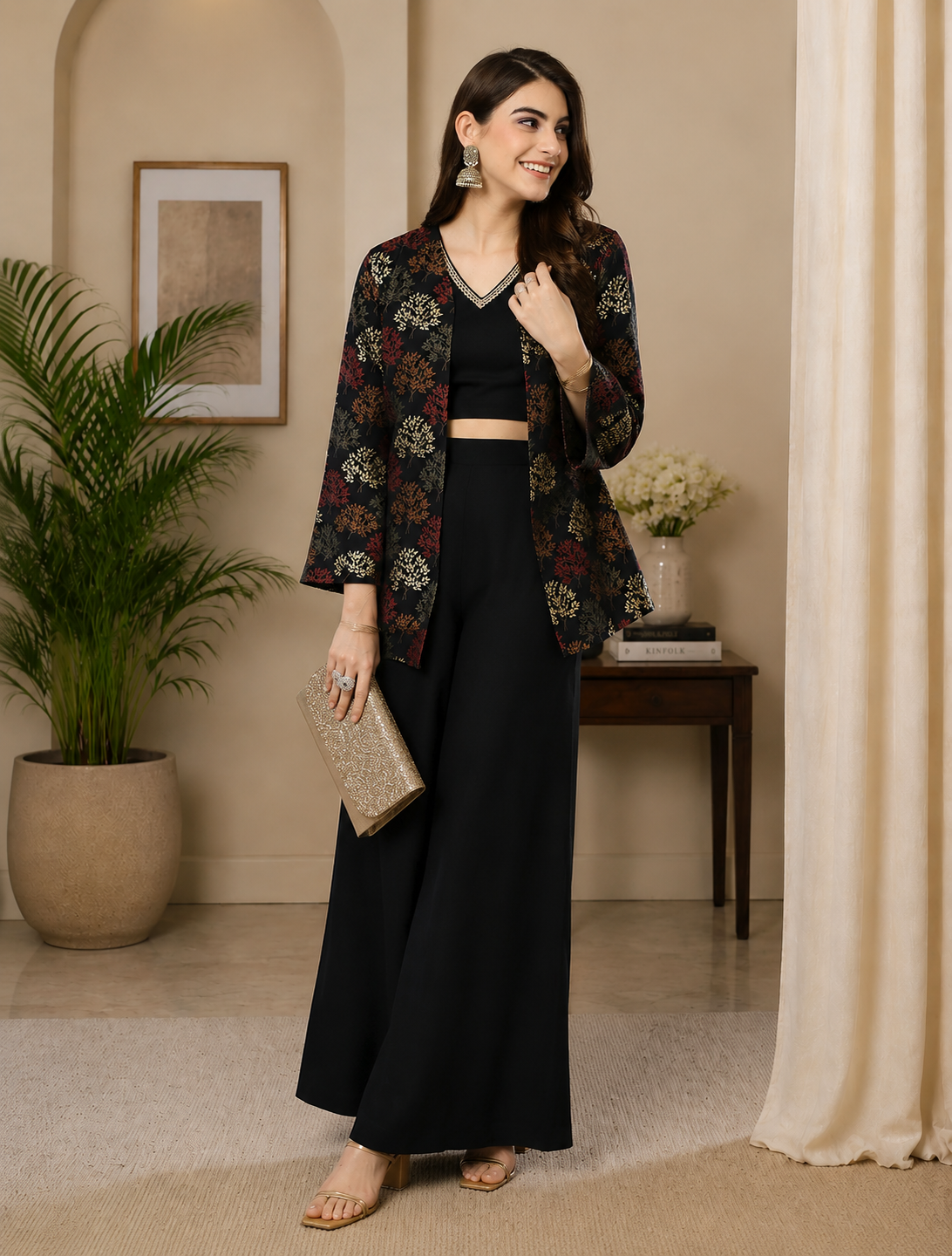 Black Ethnic Printed 3-Piece Viscose Rayon Co-Ord Set for Women | Claura