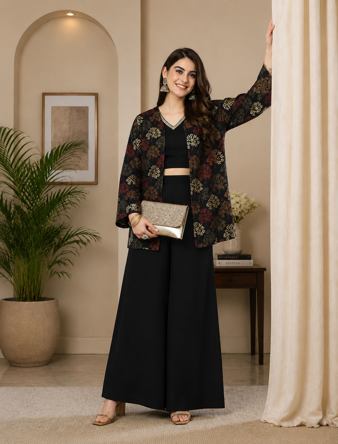 Black Ethnic Printed 3-Piece Viscose Rayon Co-Ord Set for Women | Claura