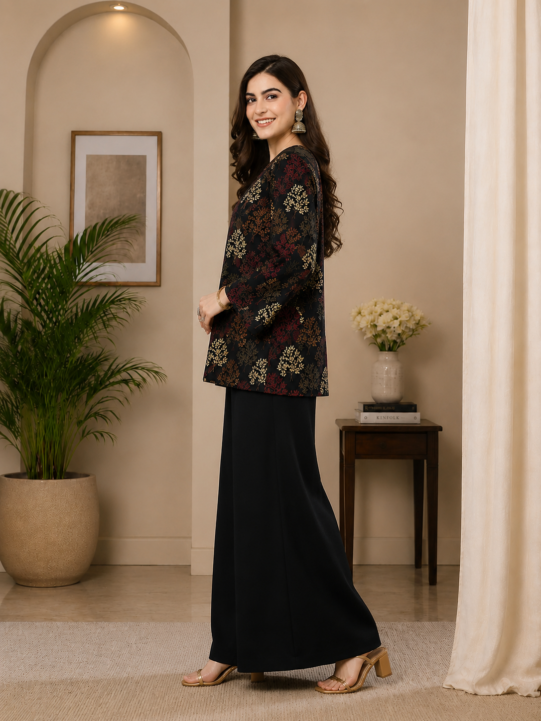 Black Ethnic Printed 3-Piece Viscose Rayon Co-Ord Set for Women | Claura