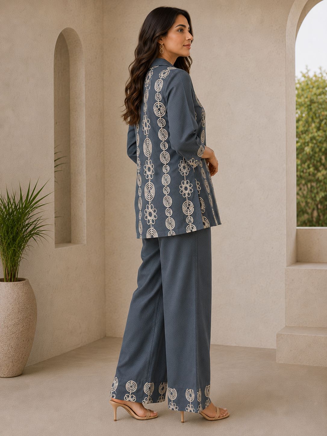 Grey Floral Embroidered Linen Tunic Set with Palazzos