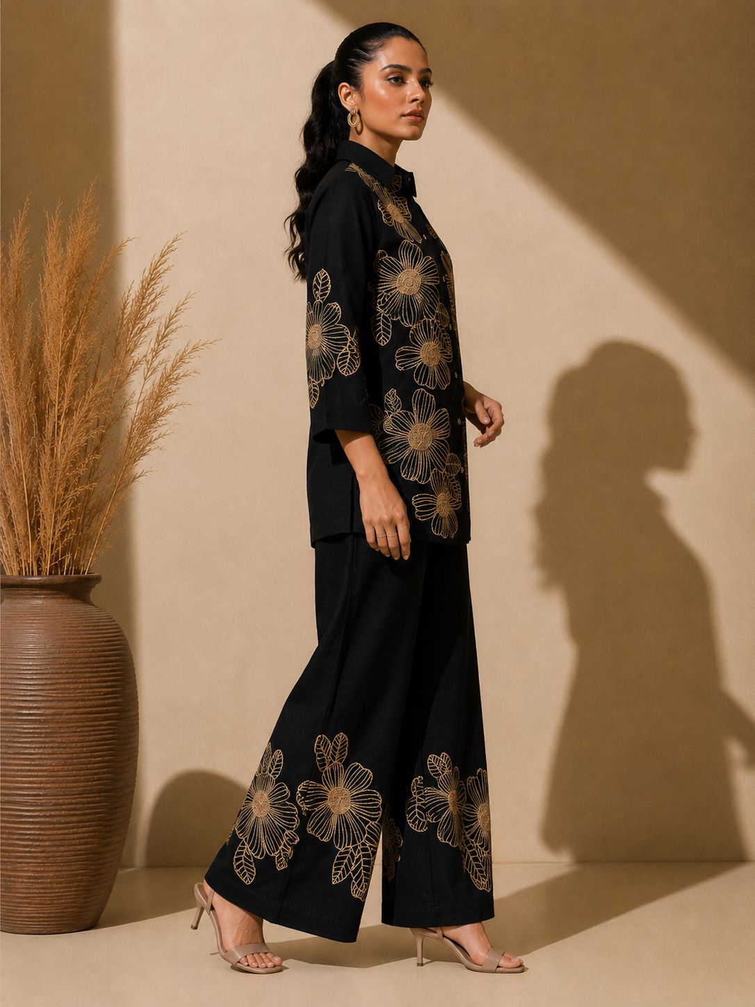 Black Embroidered Shirt Collar Co-ord Set | Claura