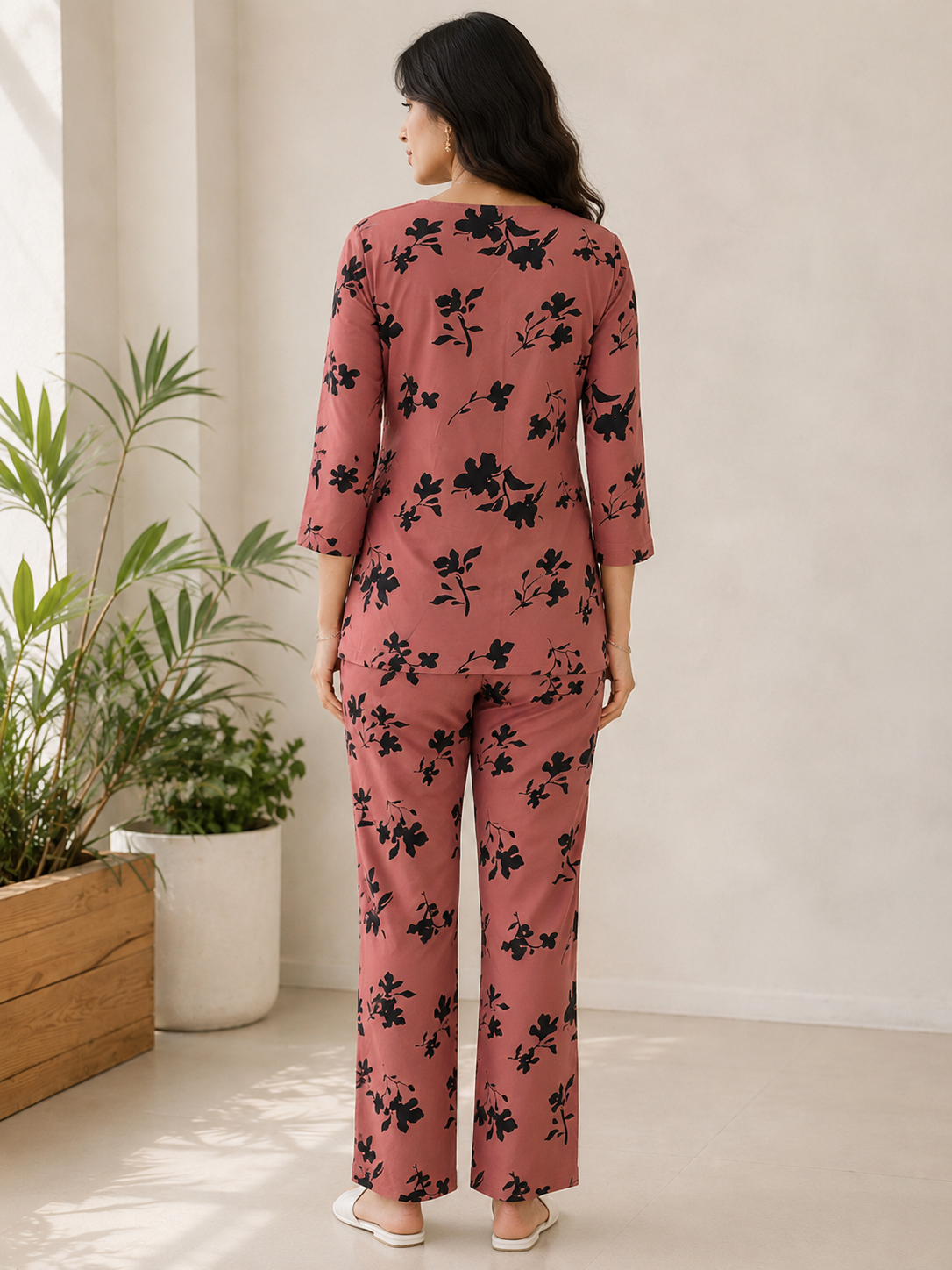 Rust Bloom Floral Print Rayon Night Suit Set For Women | Claura