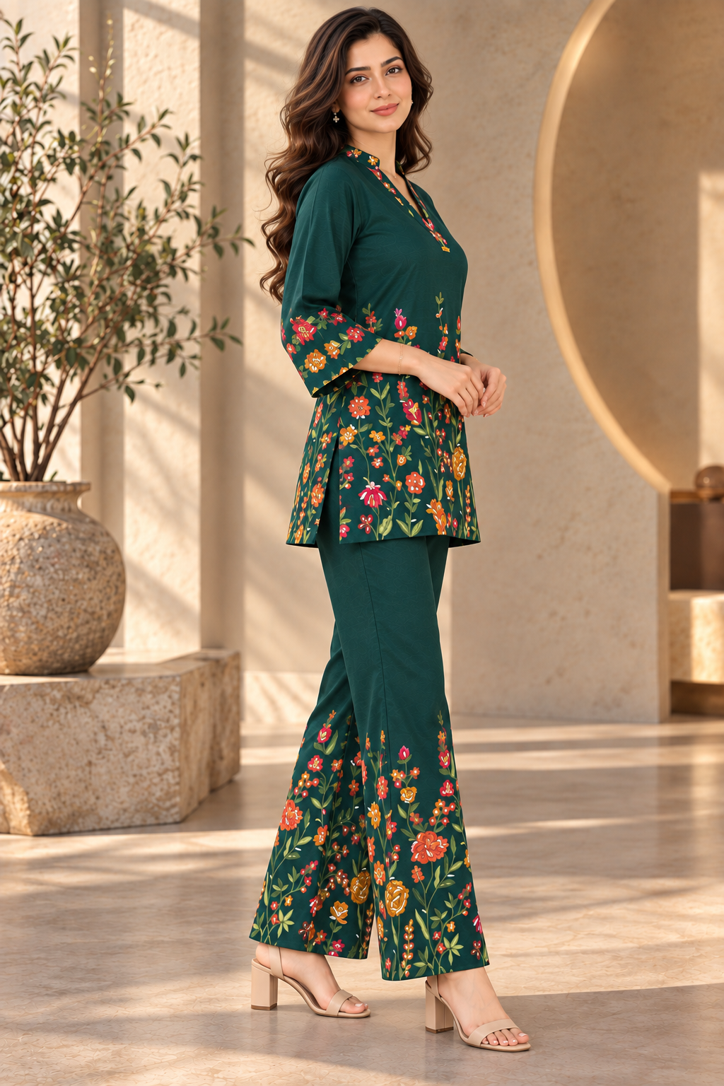 Green Romantic Bloom Printed Tunic with Palazzos | Claura