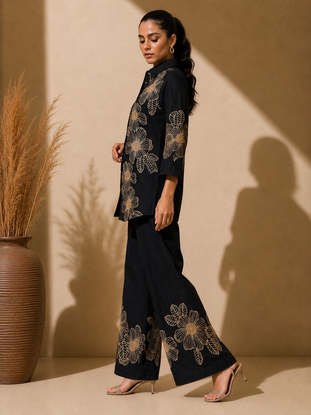 Black Embroidered Shirt Collar Co-ord Set | Claura