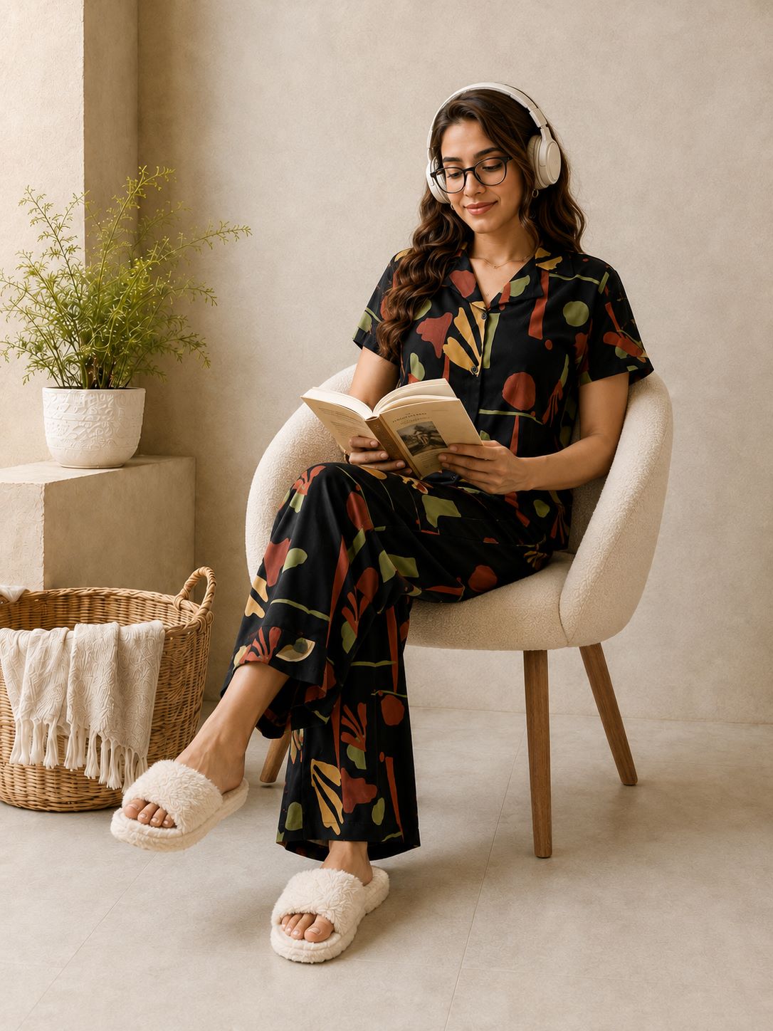 Black Boho Abstract Printed Button-Down Night Suit | Claura