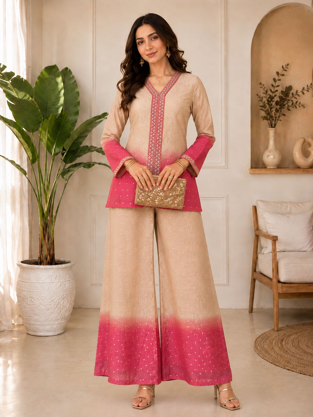 Pink & Cream Ombre Floral Embroidered V-Neck Tunic with Palazzos Co-Ord Set