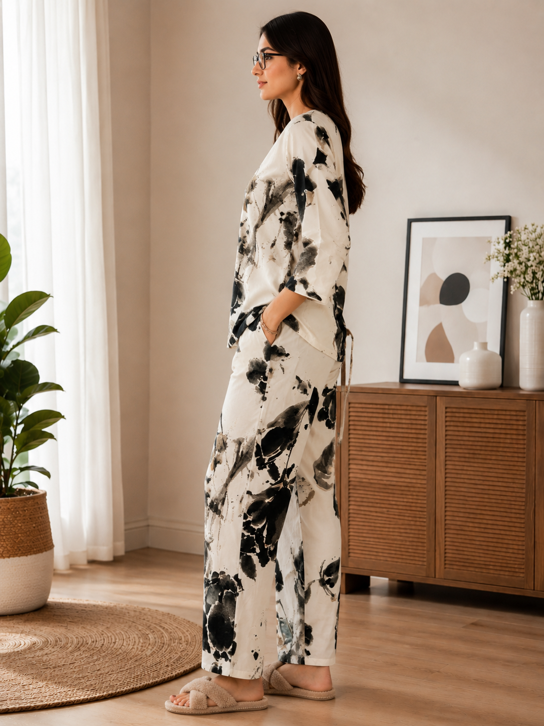 White Printed Round Neck 3/4 Sleeve Night Suit Set For Women | Claura