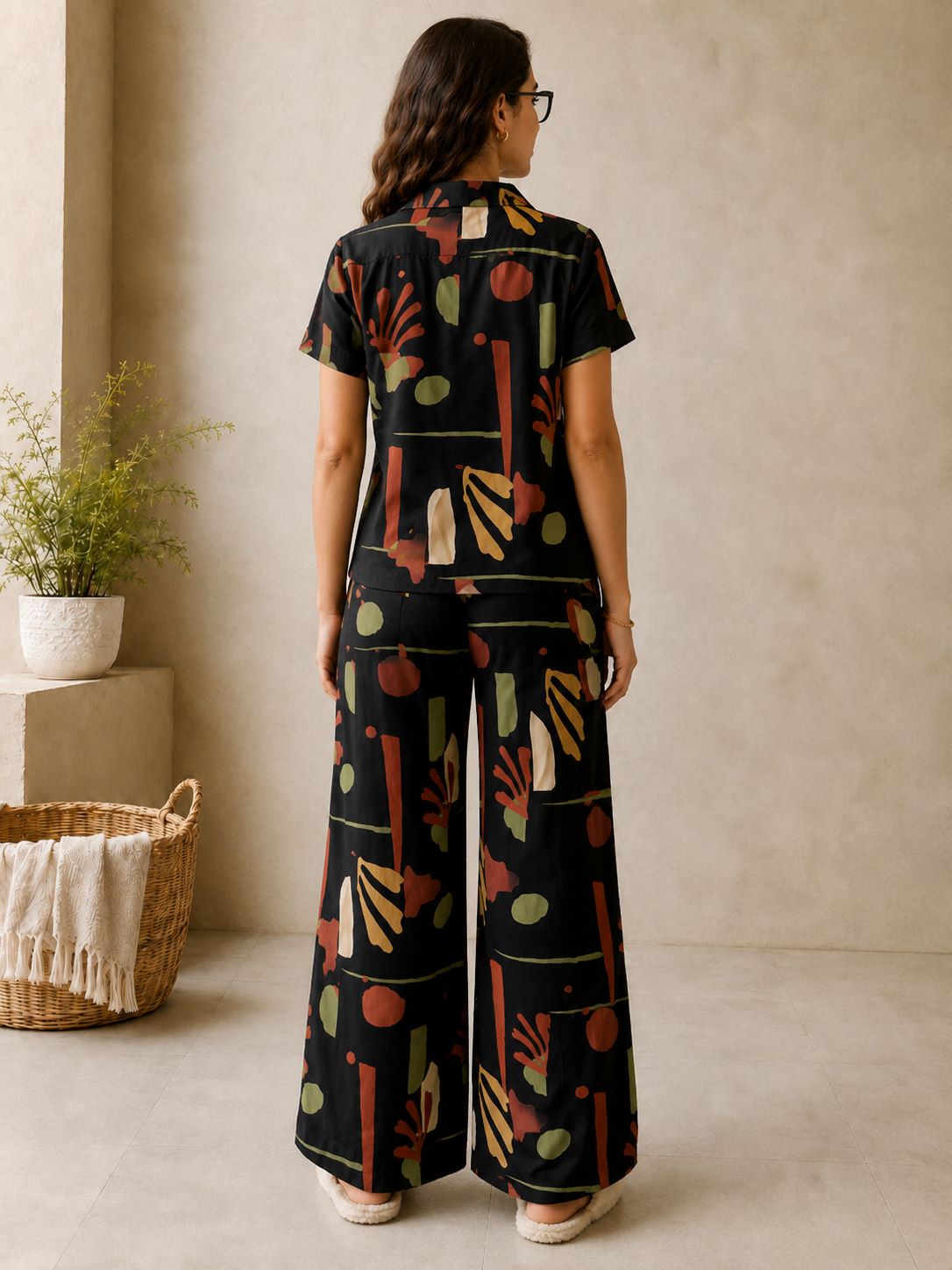 Black Boho Abstract Printed Button-Down Night Suit | Claura