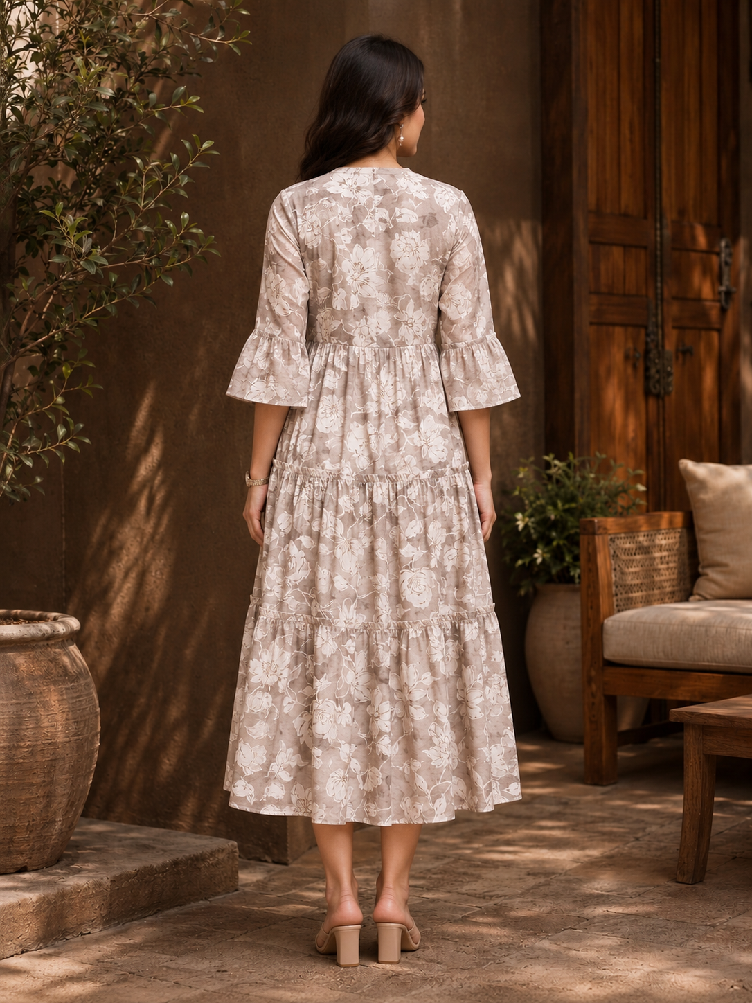 Cream Chanderi Floral Printed Dress for Women | Claura