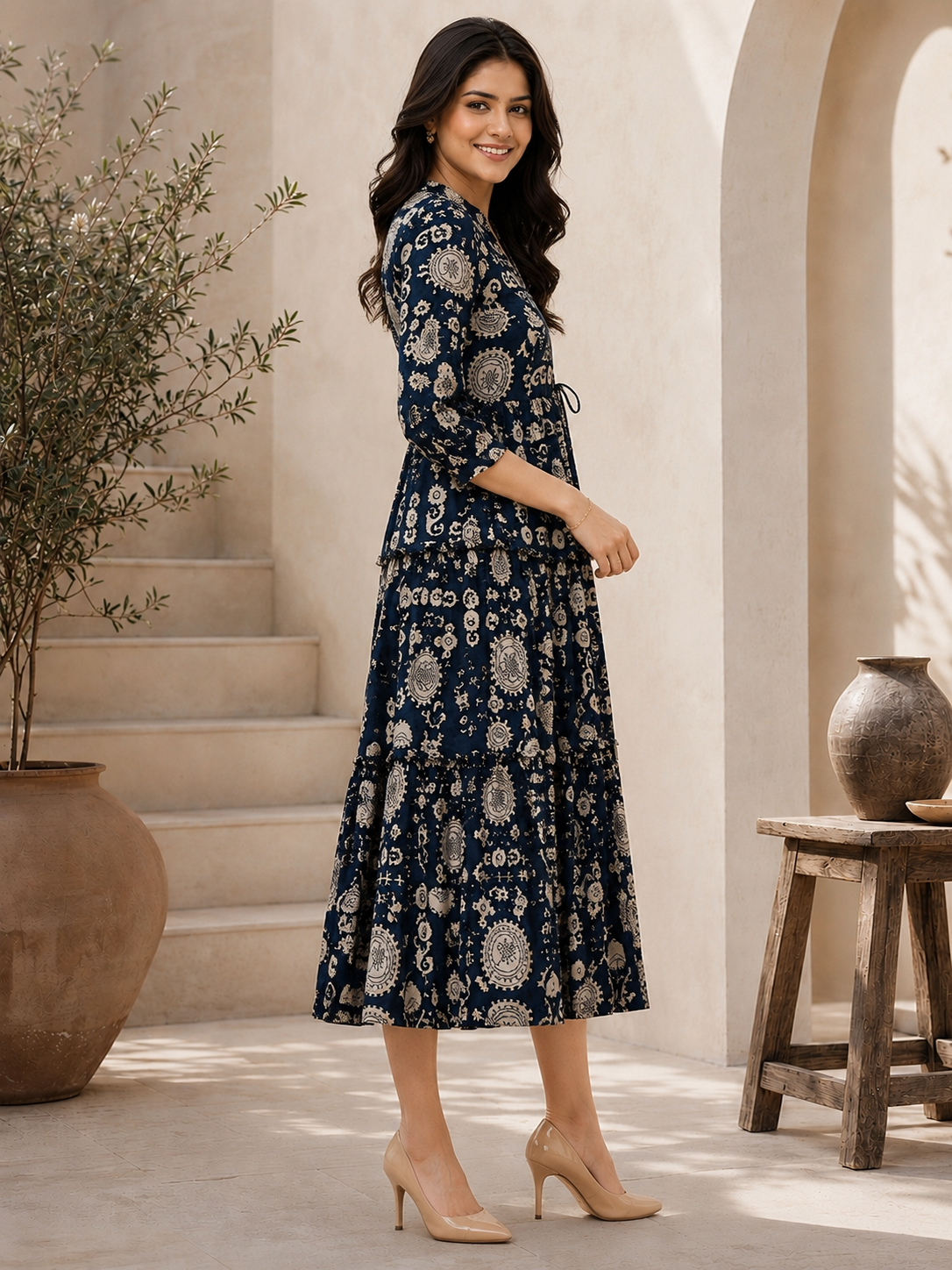 Navy Blue Chanderi Abstract Printed Dress for Women | Claura