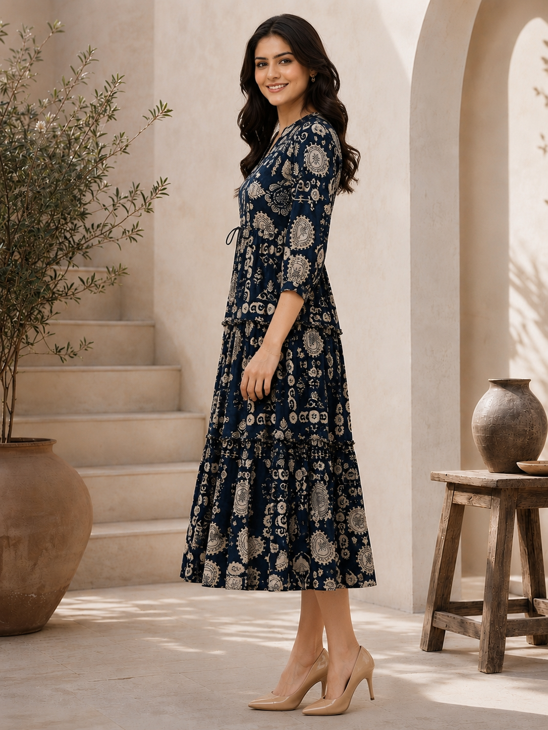 Navy Blue Chanderi Abstract Printed Dress for Women | Claura