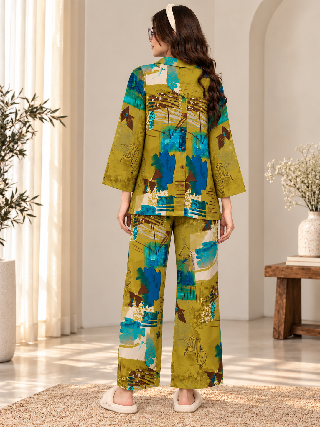 Olive Green Viscose Rayon Full Sleeve Night Suit for Women | Claura