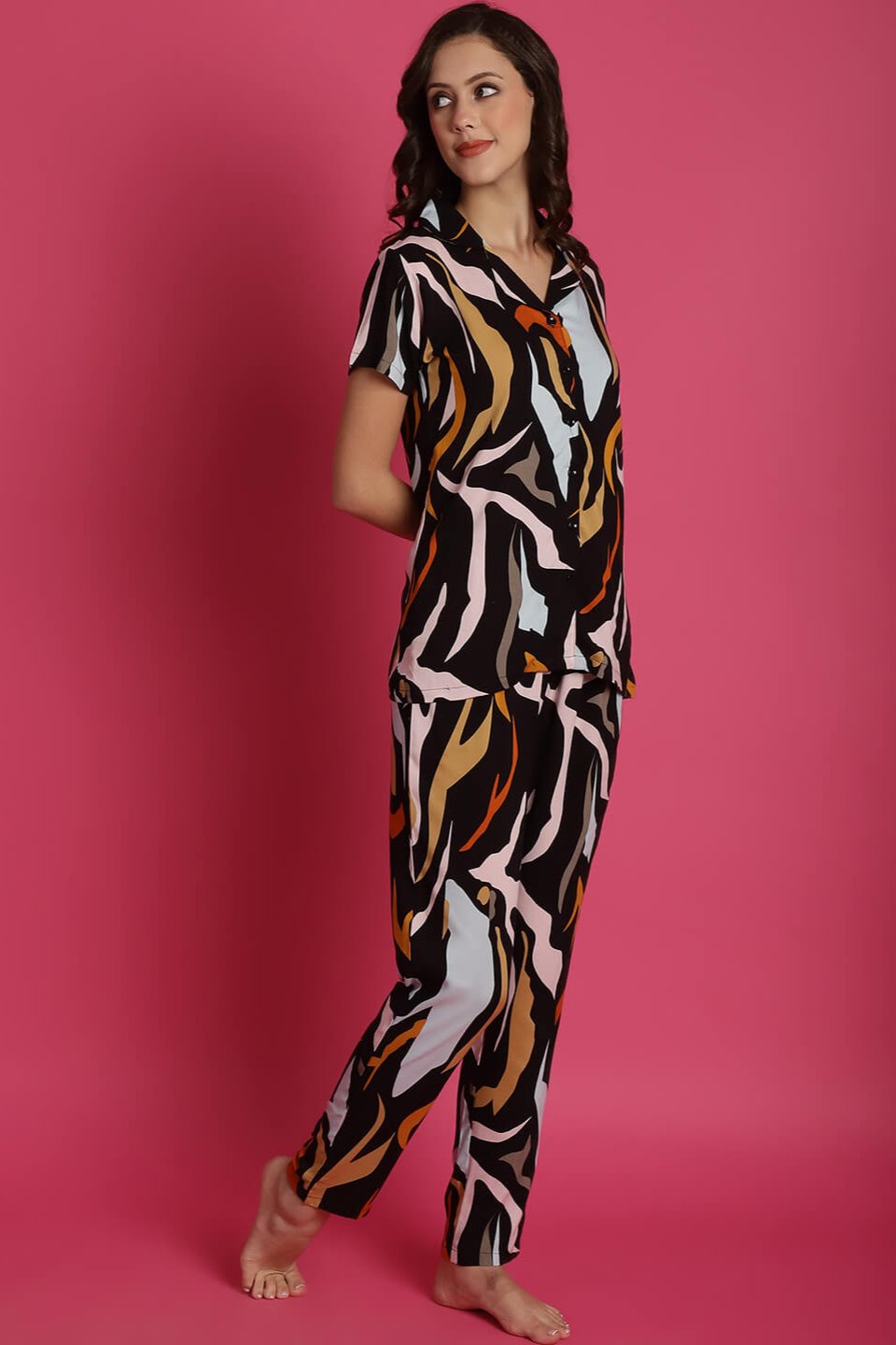 Black Abstract Printed Viscose Rayon Night Suit for Women by Claura