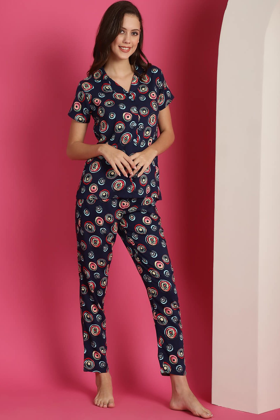 Navy Blue Abstract Printed Viscose Rayon Night Suit for Women by Claura