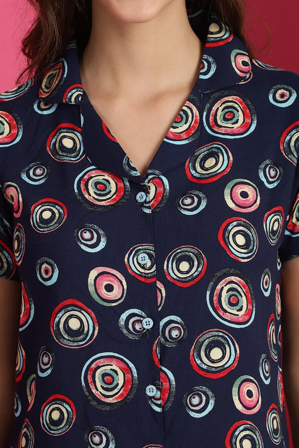 Navy Blue Abstract Printed Viscose Rayon Night Suit for Women by Claura