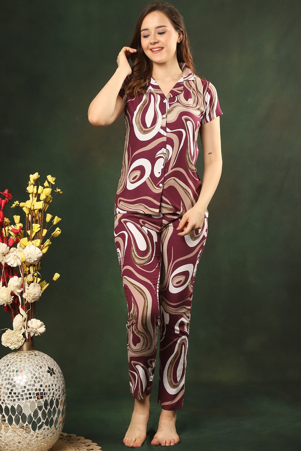 Purple Digital Printed Viscose Rayon Night Suit for Women by Claura