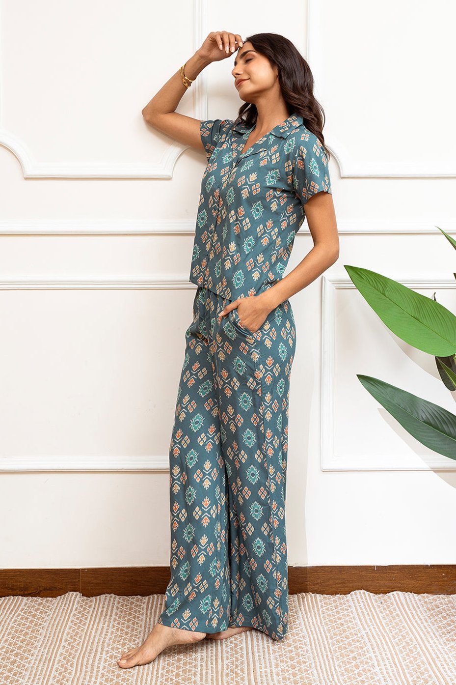 Green Abstract Printed Viscose Rayon Co-ord Set for Women by Claura