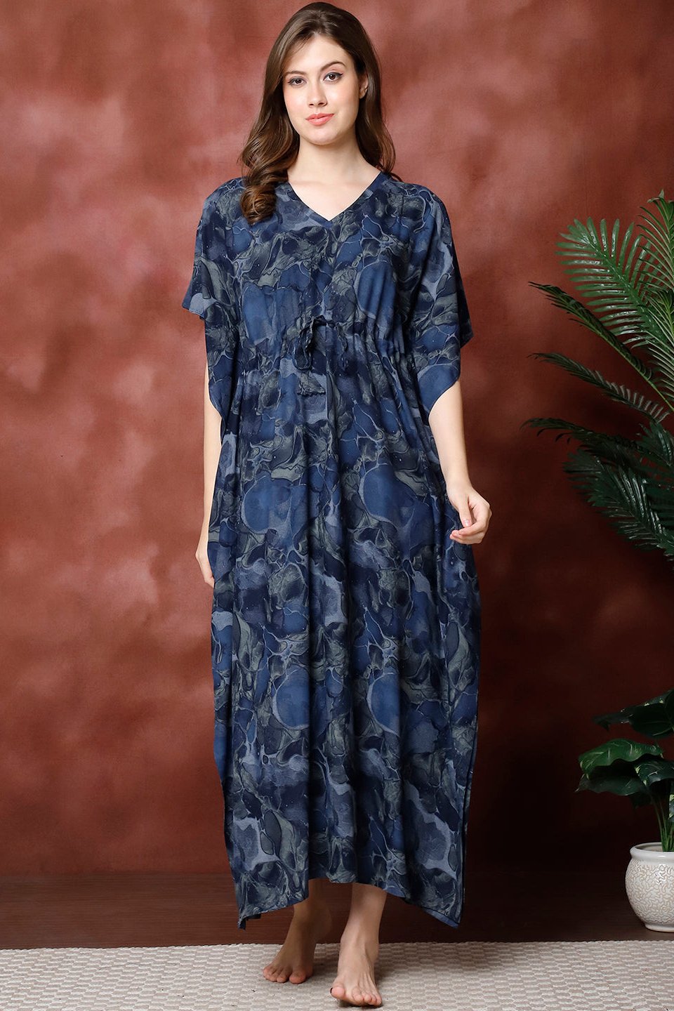 Navy Color Printed Viscose Rayon Kaftan For Women