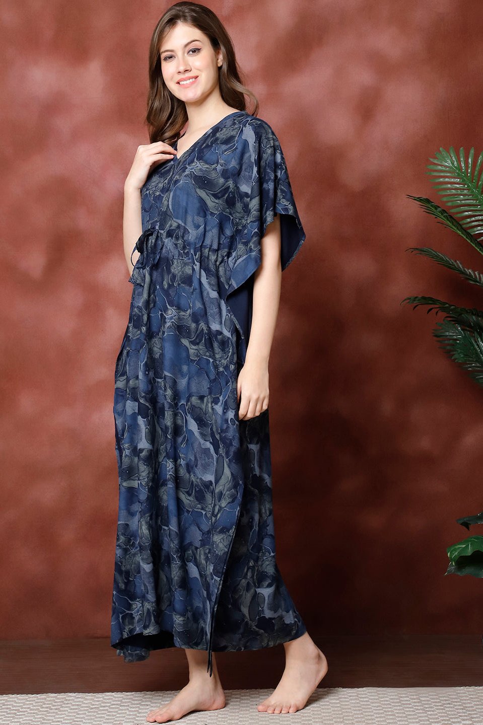 Navy Color Printed Viscose Rayon Kaftan For Women