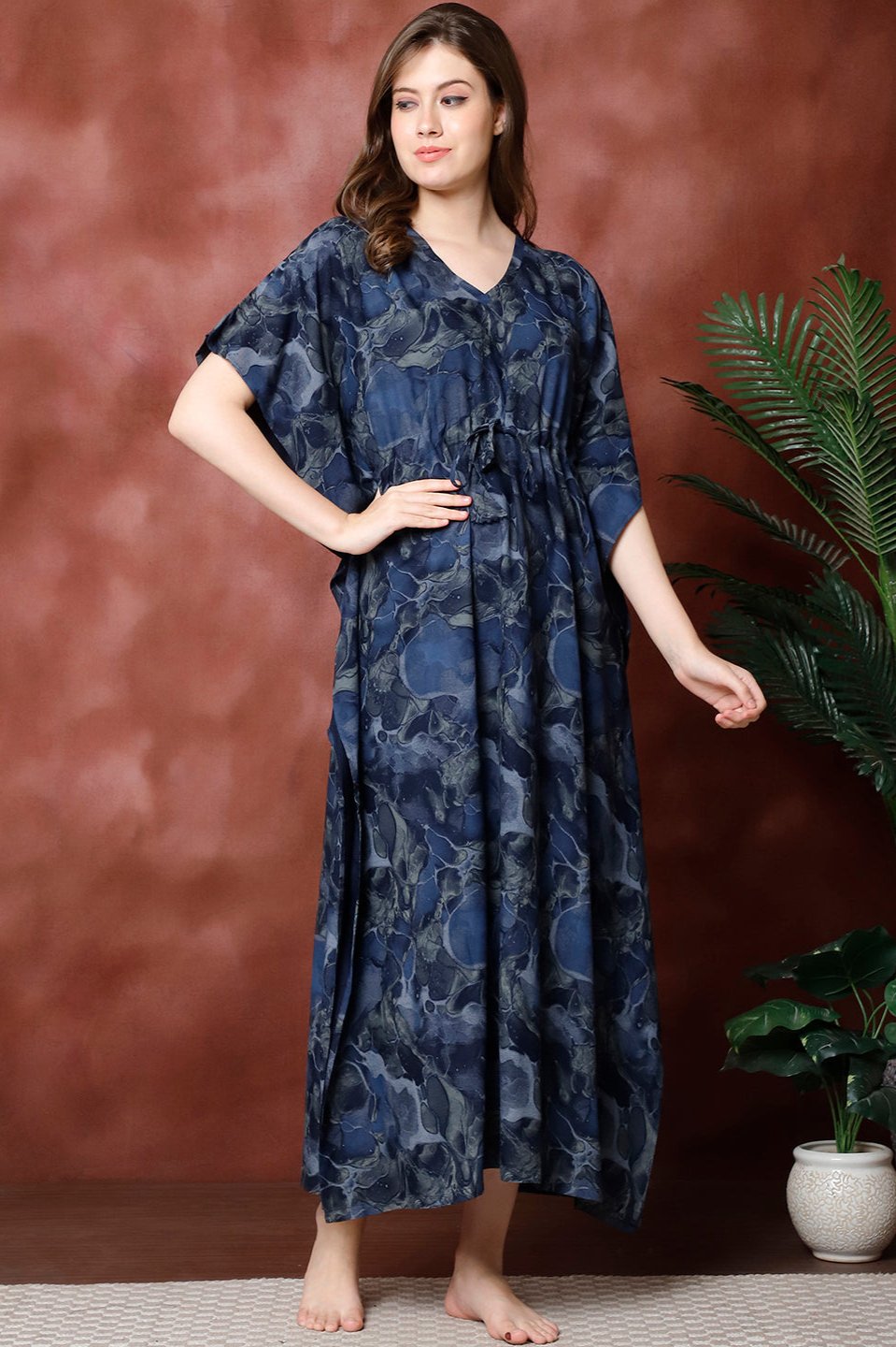 Navy Color Printed Viscose Rayon Kaftan For Women