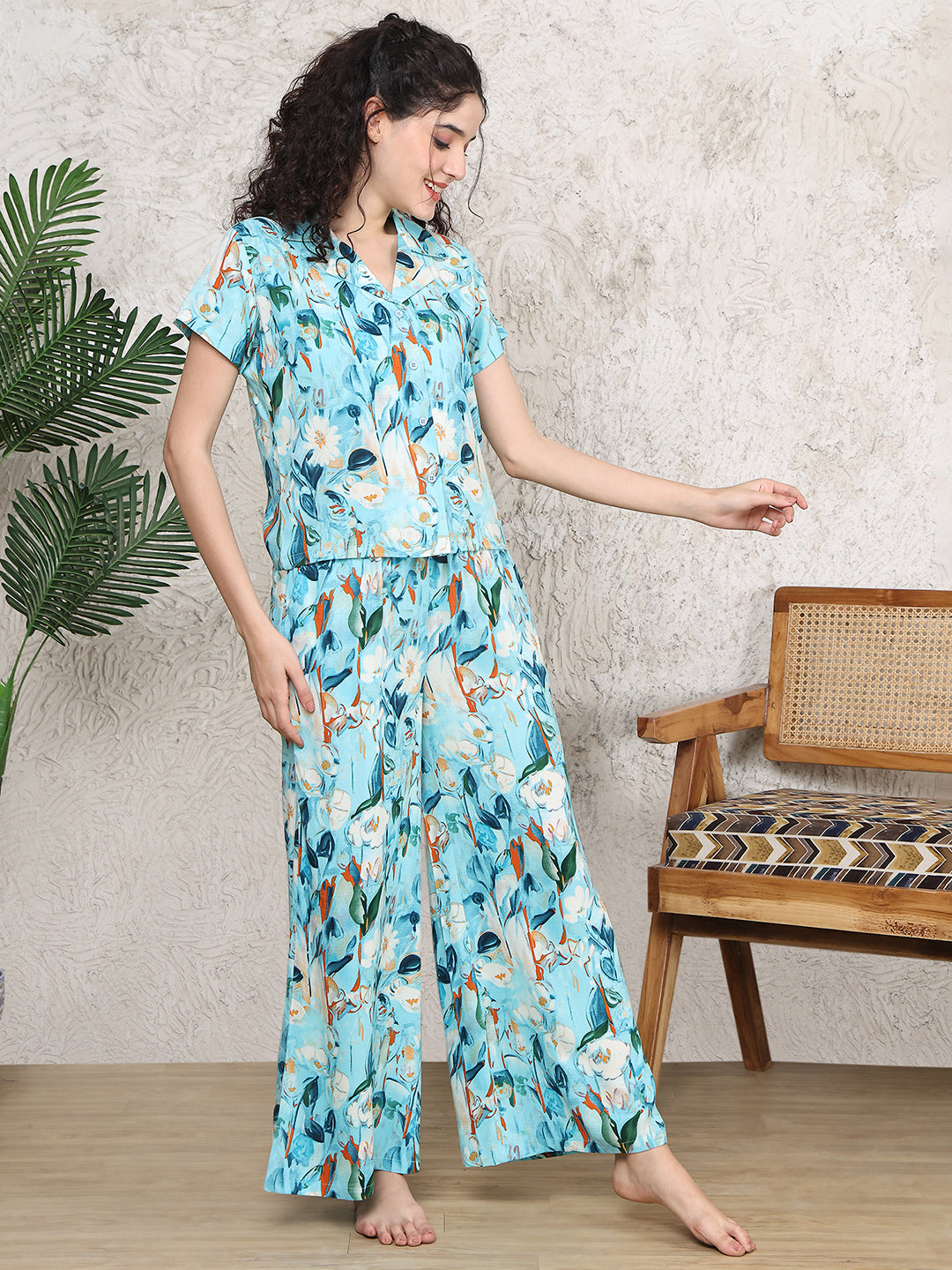 Blue Viscose Rayon Abstract Night Suit for Women | Claura