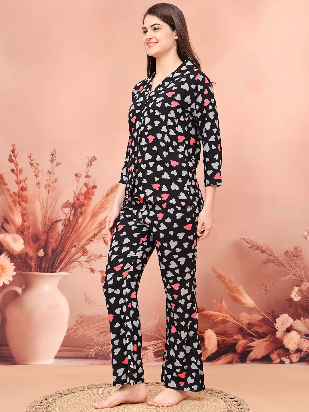 Black Color Abstract Printed Night Suit For Women