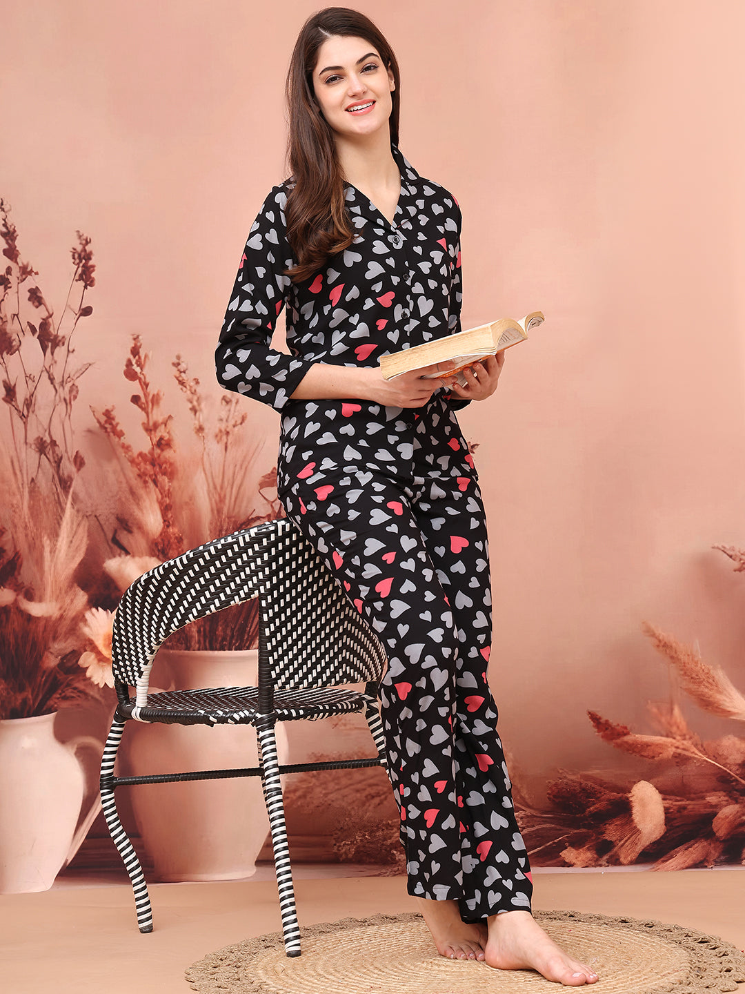 Black Color Abstract Printed Night Suit For Women