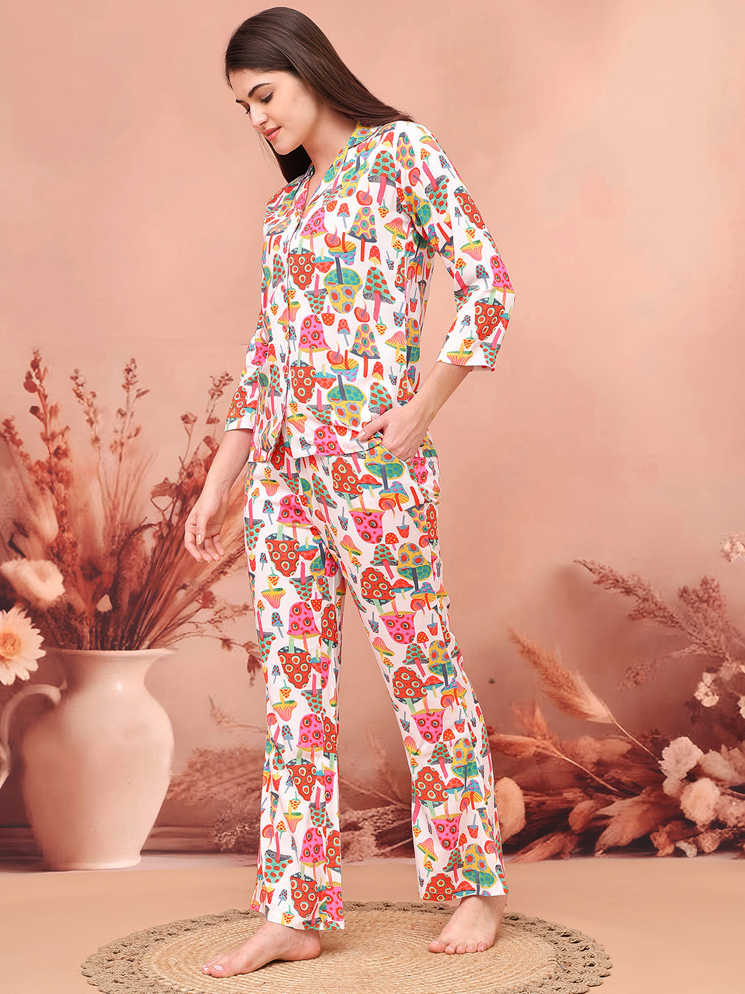 Multi-Color Abstract Printed Viscose Rayon Night Suit for Women by Claura