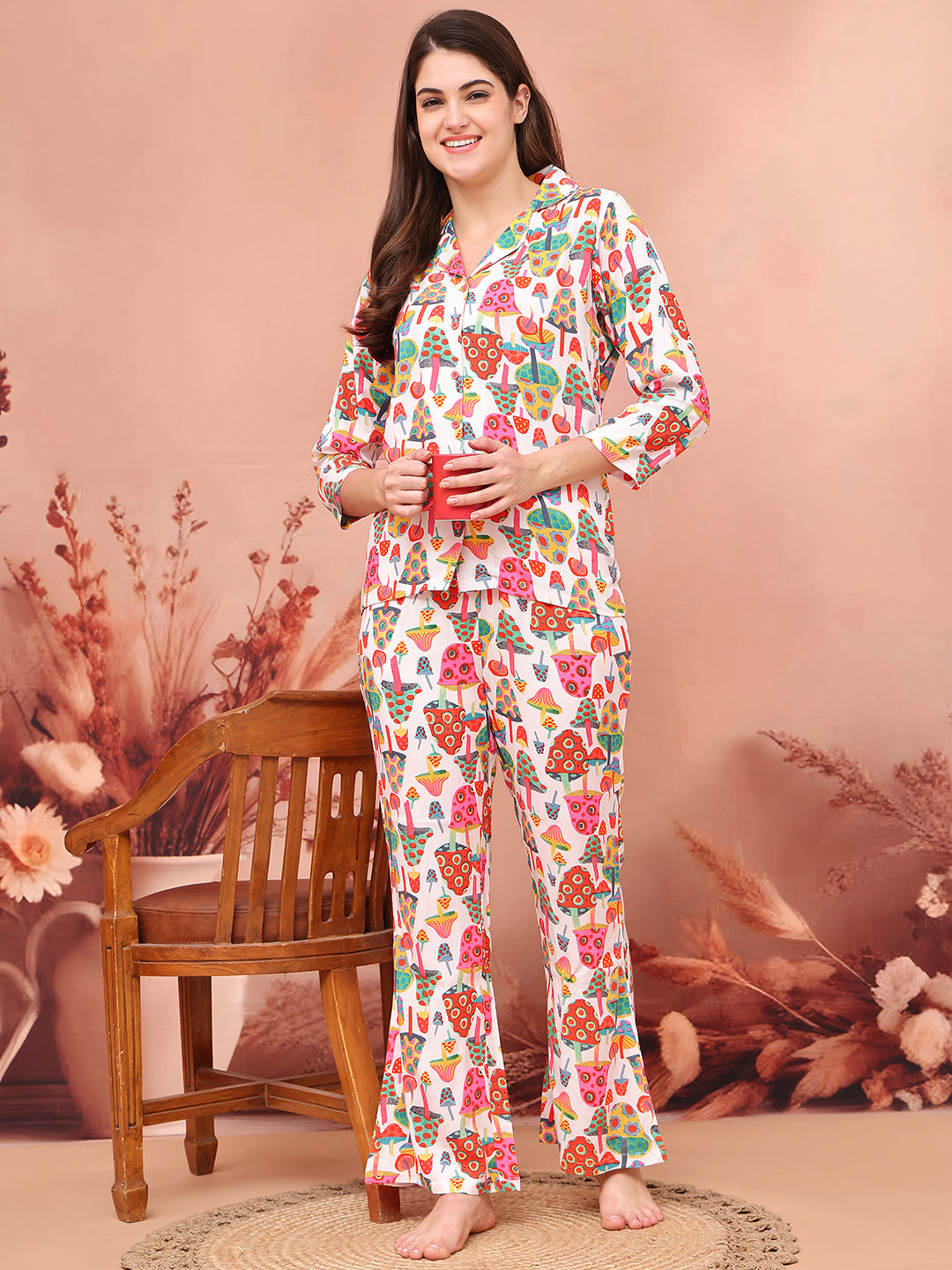 Multi-Color Abstract Printed Viscose Rayon Night Suit for Women by Claura