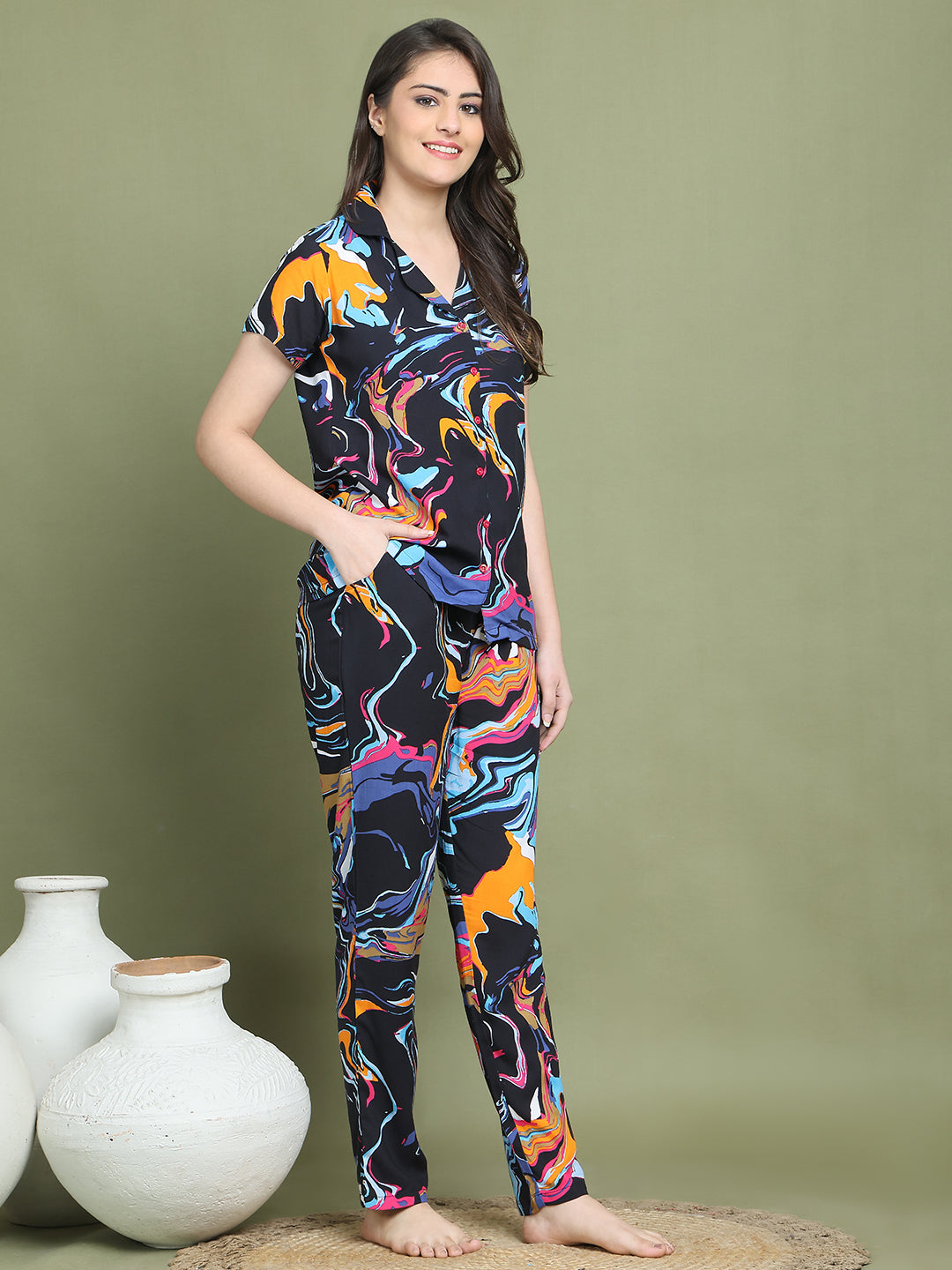 Black Viscose Night Suit with Short Sleeves and Relaxed Bottoms