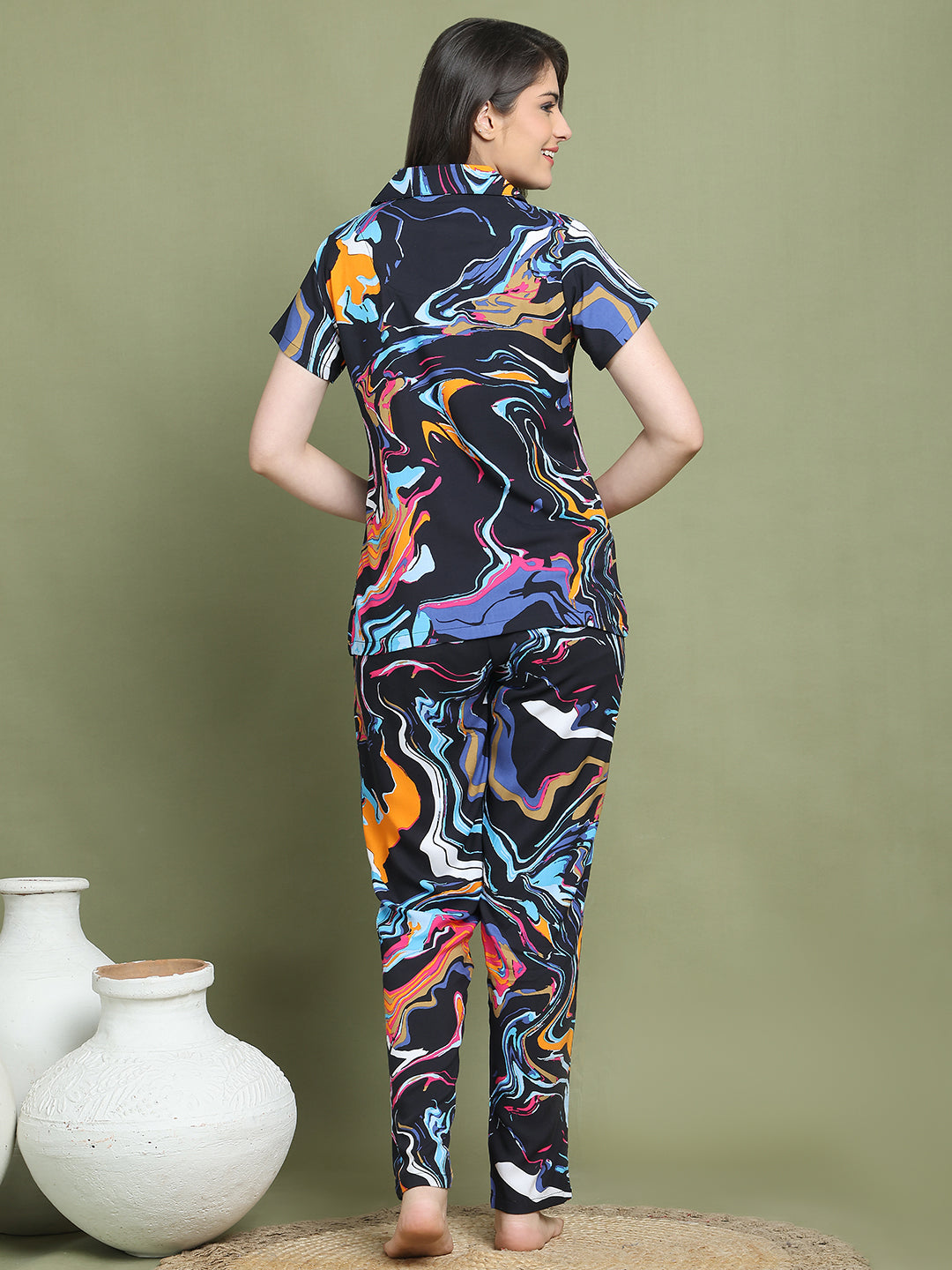 Back view of model in Black Printed Night Suit for Women