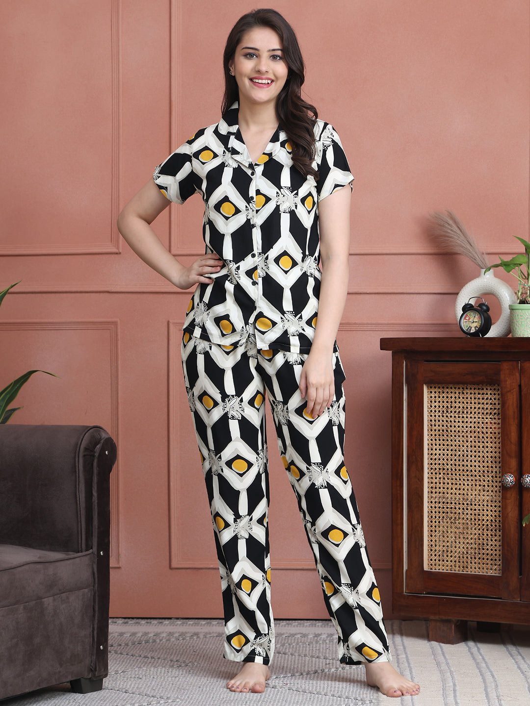 Black Colour Abstract Printed Viscose Rayon Night Suit