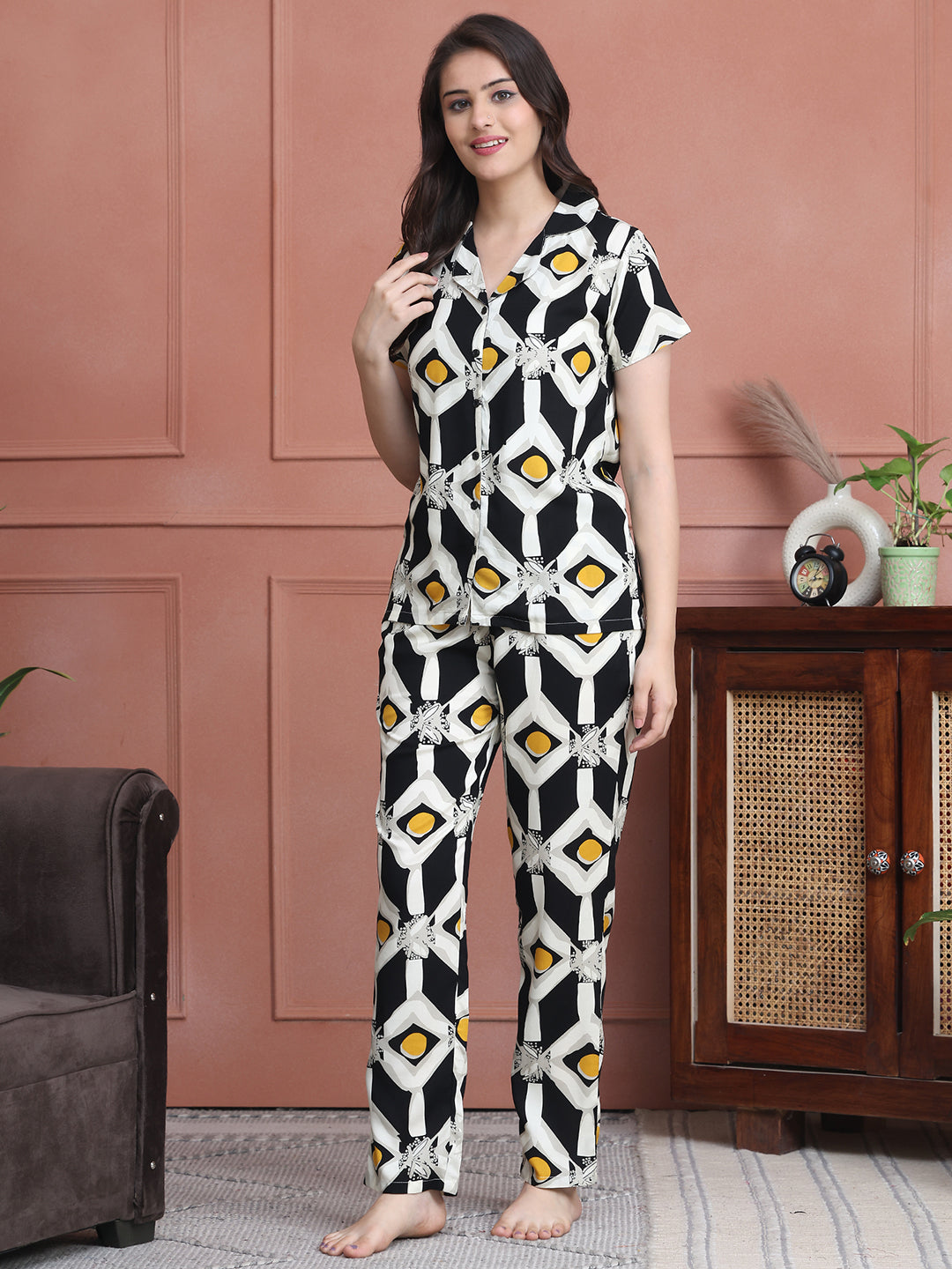 Black Colour Abstract Printed Viscose Rayon Night Suit