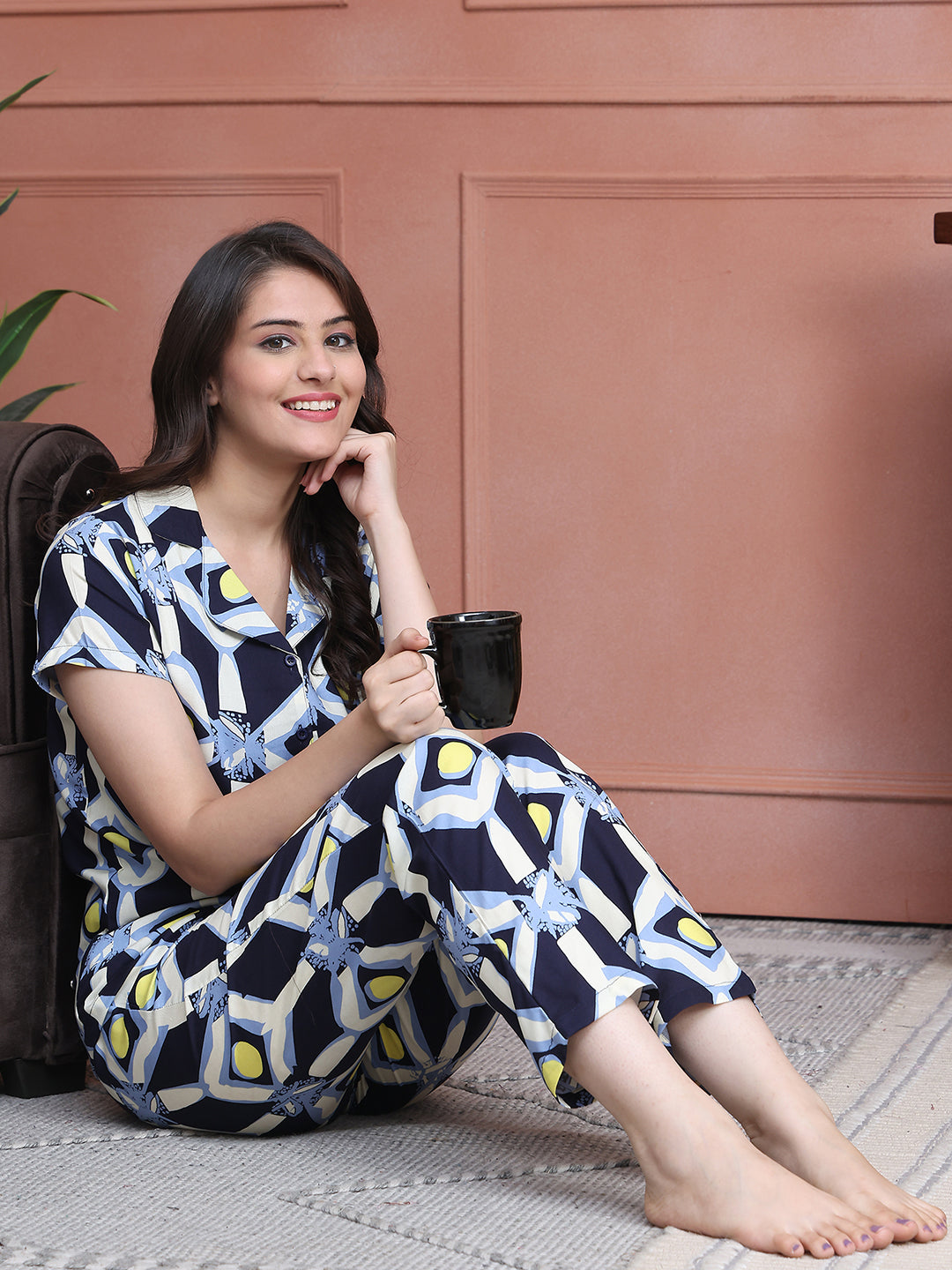 Blue Colour Abstract Printed Viscose Rayon Night Suit
