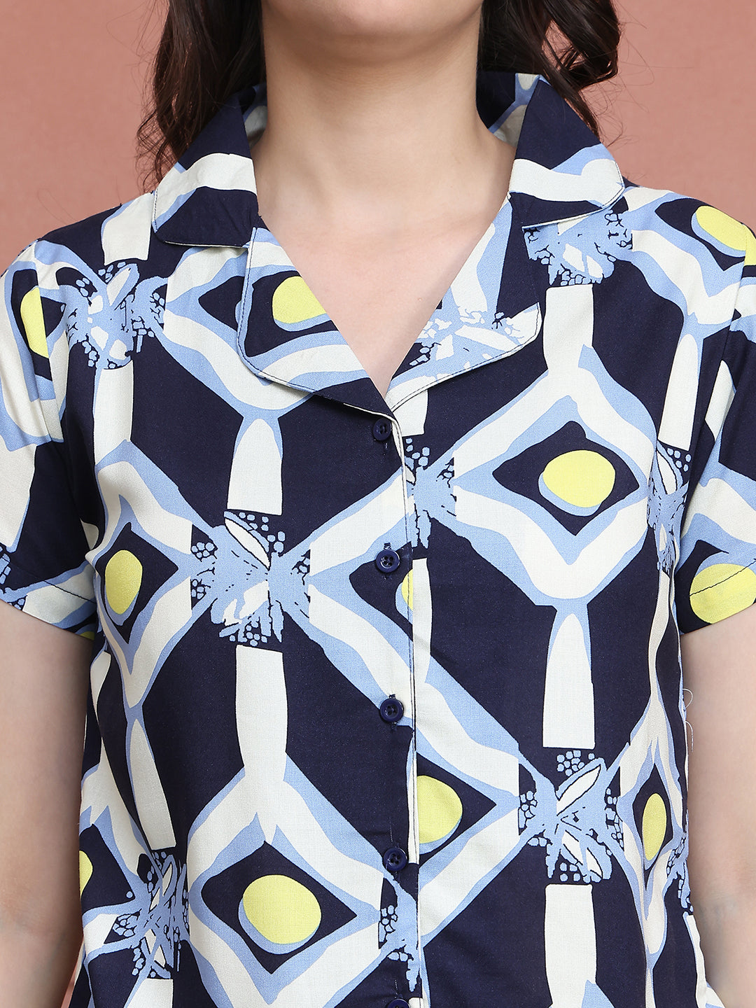 Blue Colour Abstract Printed Viscose Rayon Night Suit