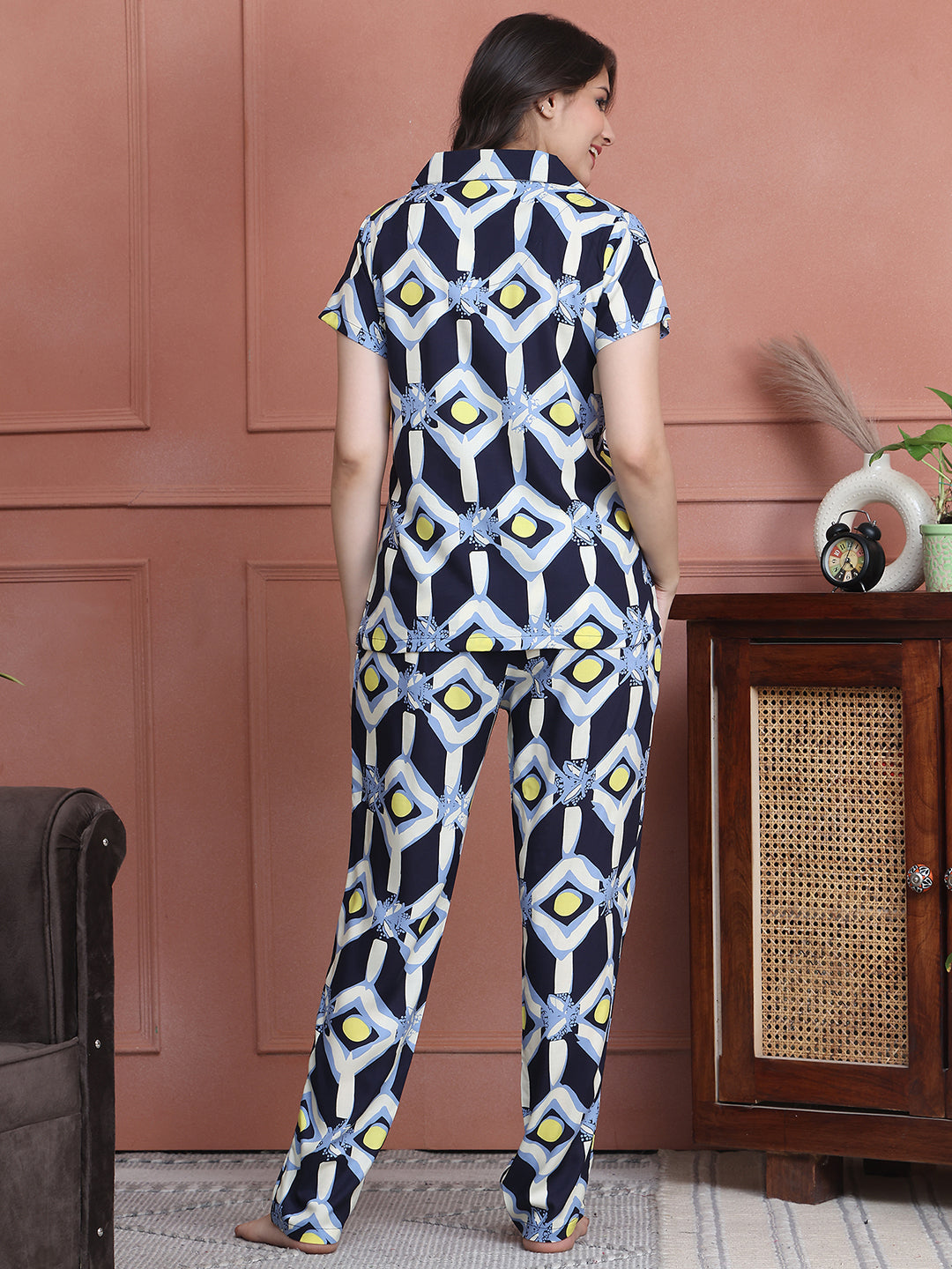 Blue Colour Abstract Printed Viscose Rayon Night Suit